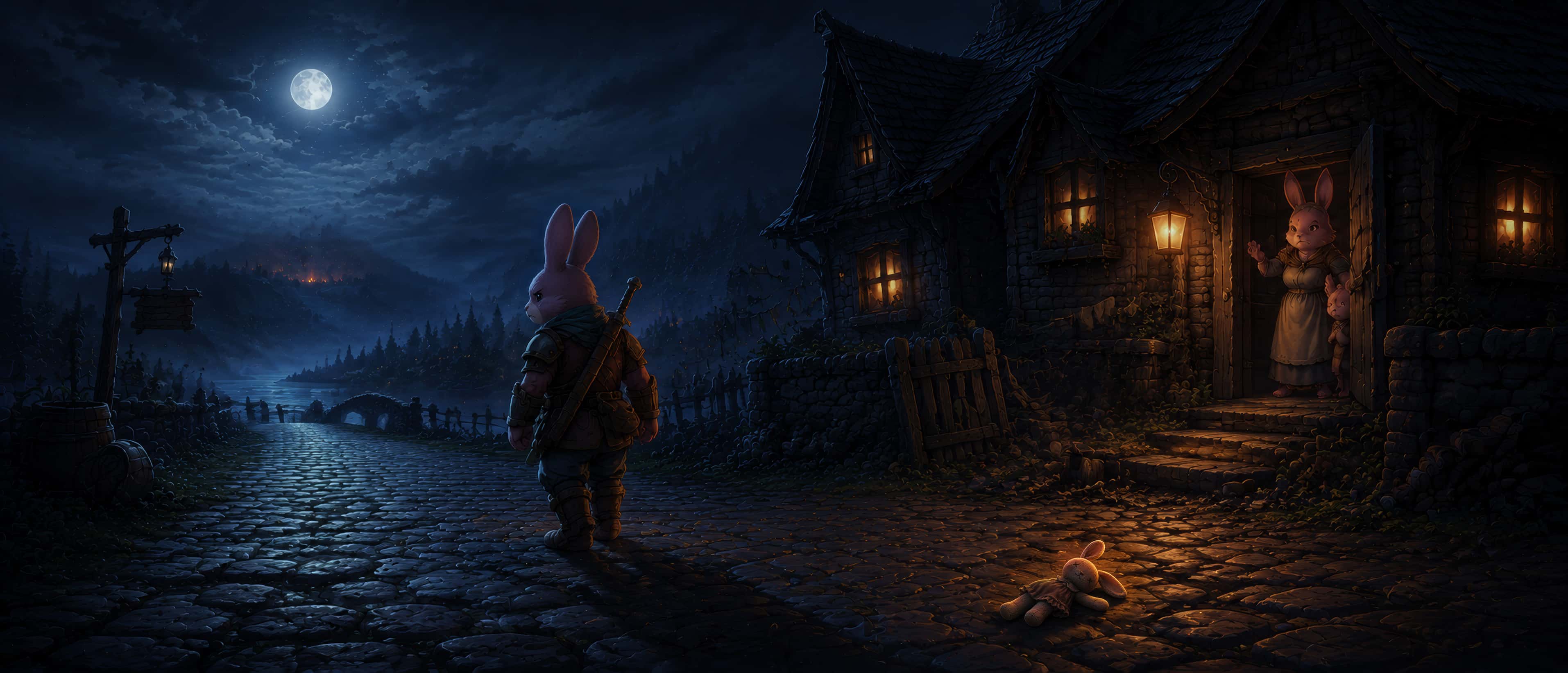 An adult rabbit in leather armour walking away from a lit house over wet cobblestones under a full moon. His daughter's rag doll lies on the ground behind him.