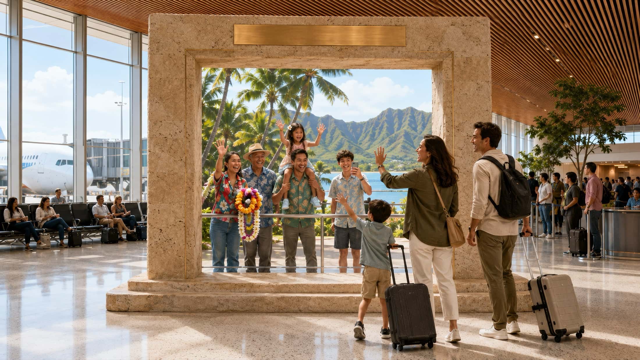A stone portal standing in a departure hall, open onto a live tropical destination, travellers all around.