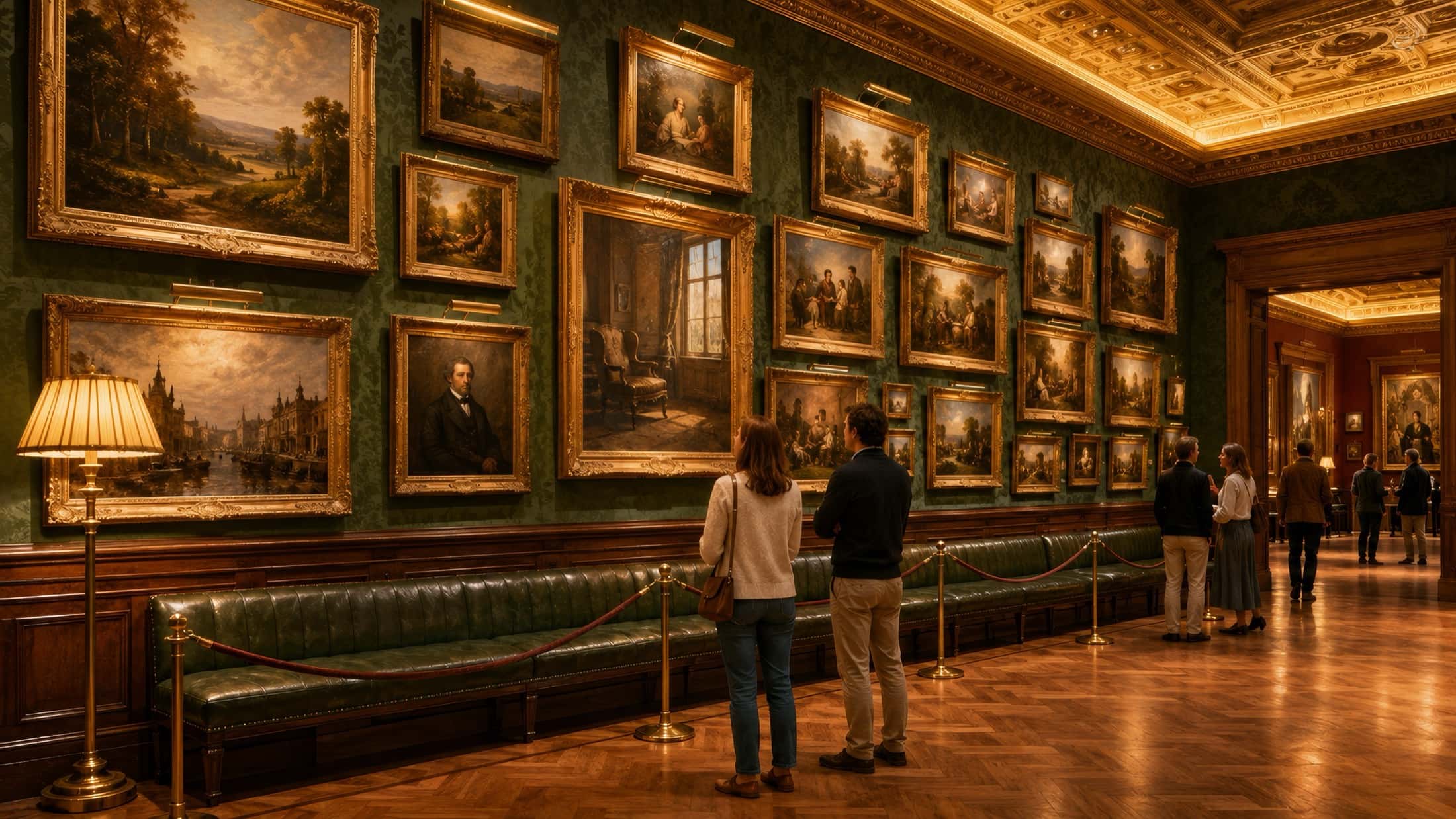 A gallery room lined with gilded frames, where a painted figure leans out of his canvas toward the visitors.