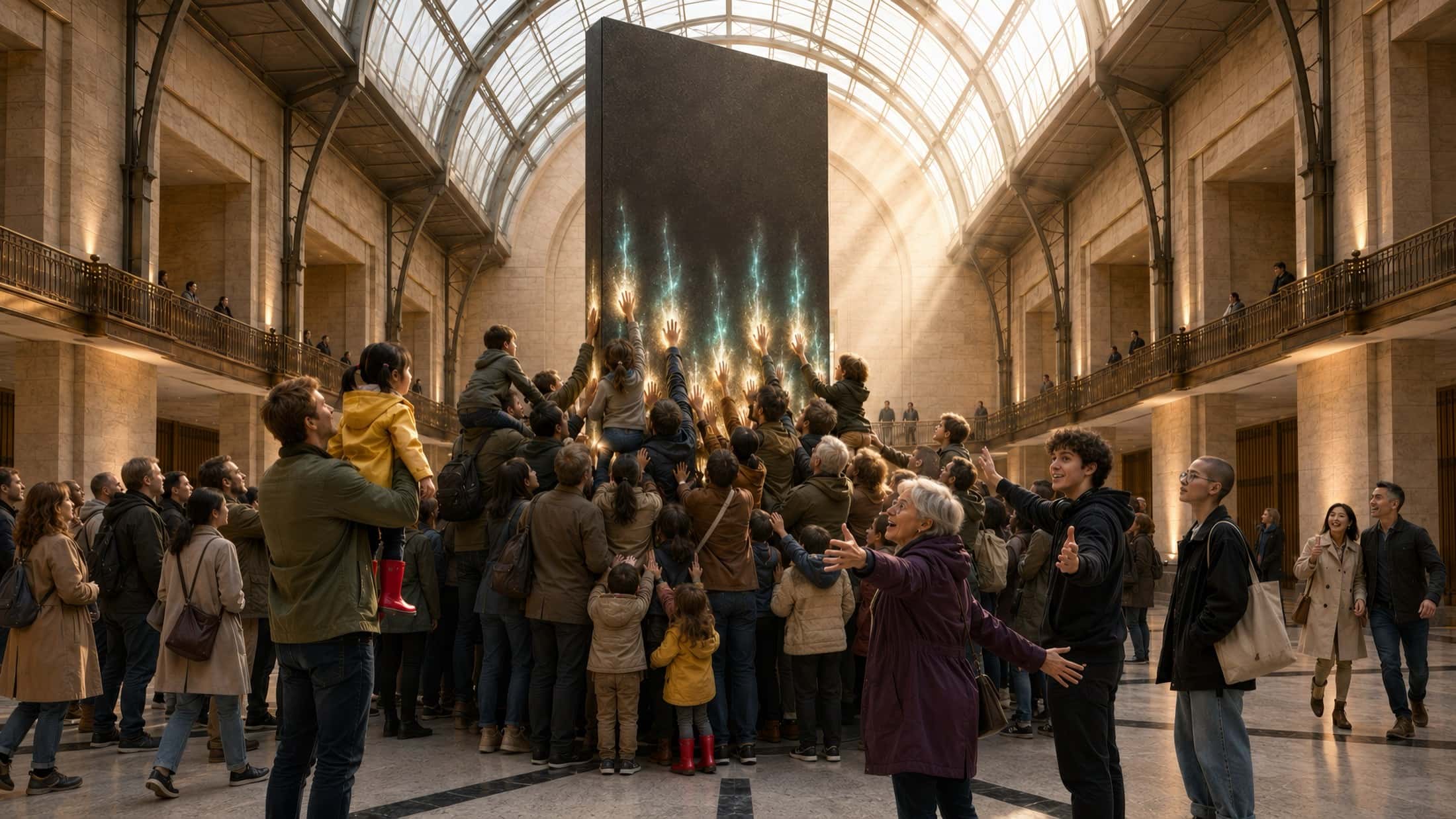 A crowd presses palms against a tall dark stone slab where luminous gold and blue handprints bloom.