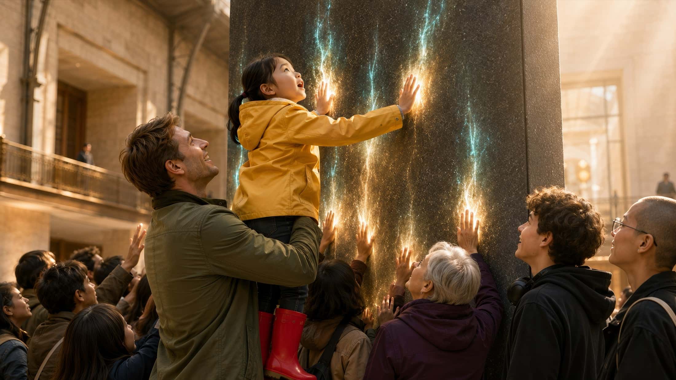 A child on someone's shoulders presses her hands to the glowing stone, the crowd pressing their palms around her.