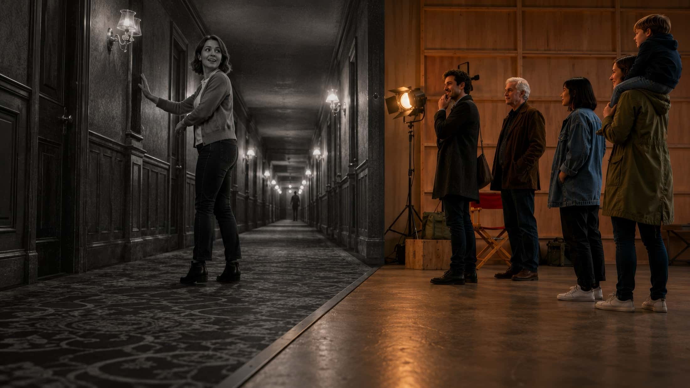 At floor level, on the stage line: a visitor crosses into the scene and turns black and white, while the room stays in colour.