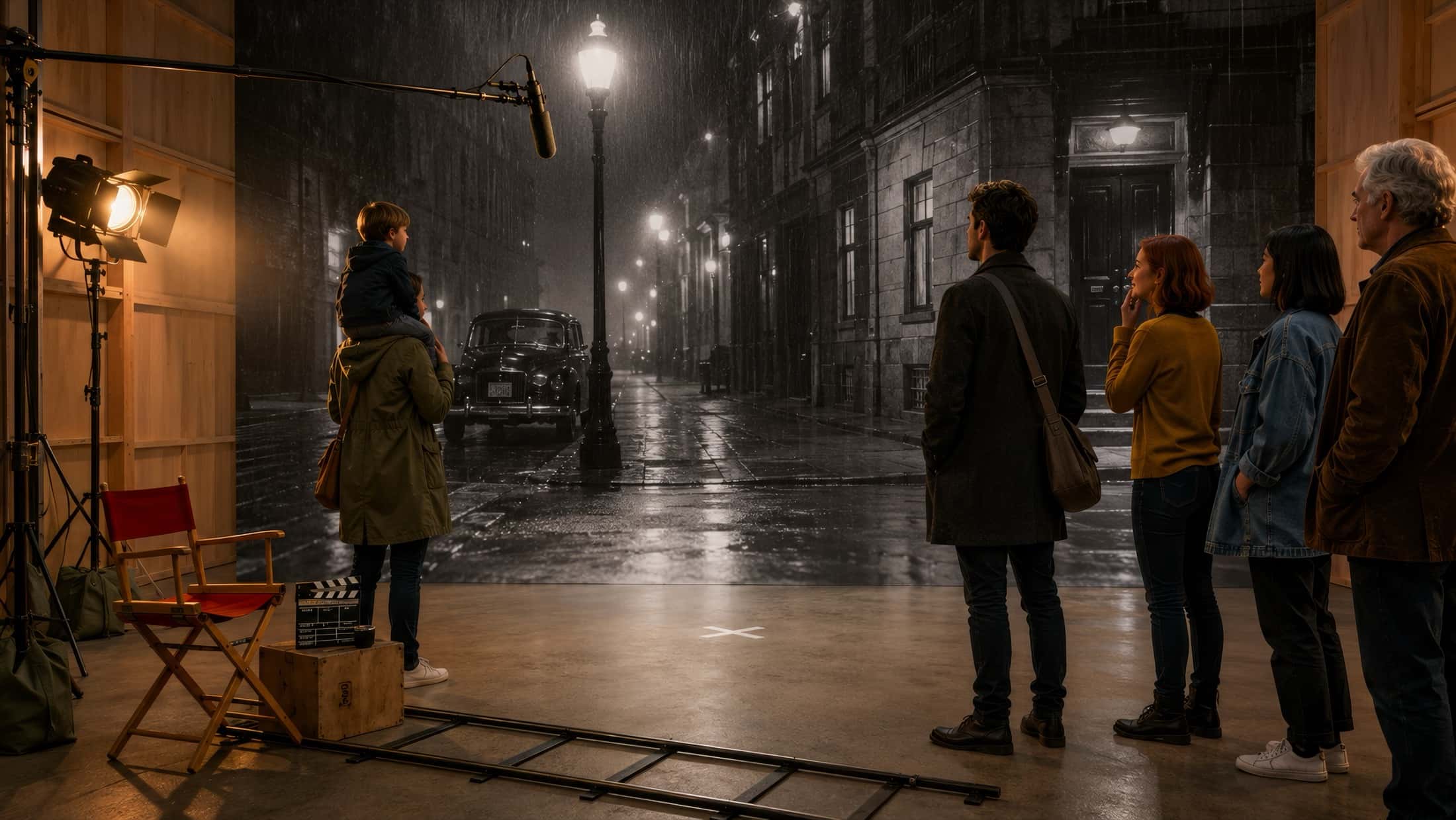 A warm sound stage facing a rainy black-and-white street that continues without edge or seam.