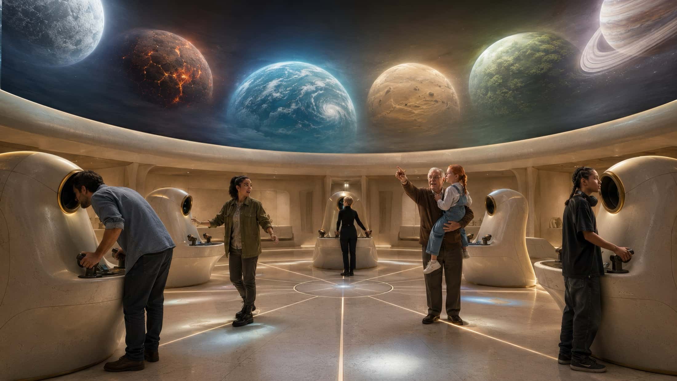 A circular hall of six pale ceramic stations, under a dome where six worlds slowly turn.