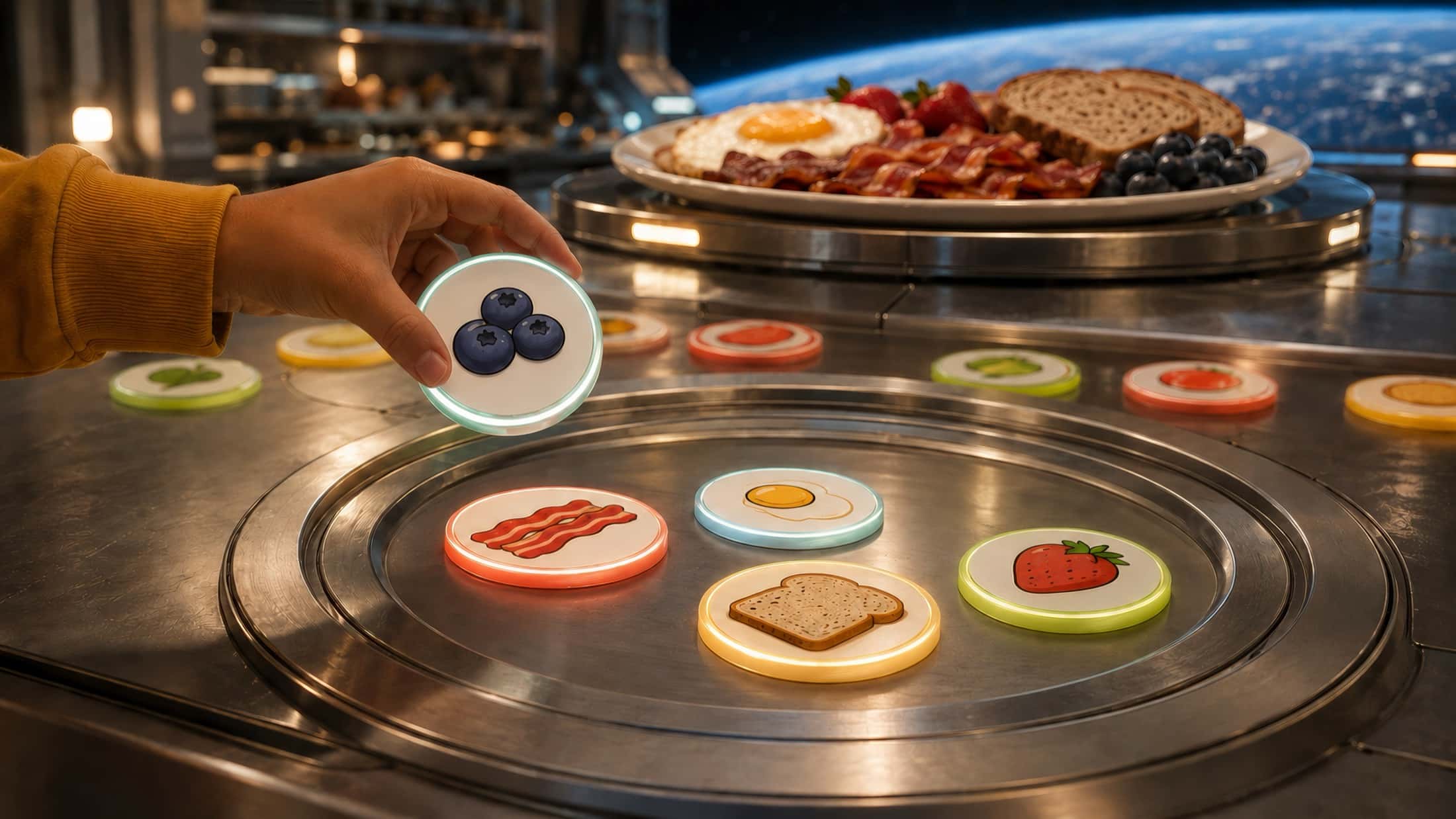 A hand lays a token printed with blueberries into the metal plate; behind it, the full breakfast appears at real size.