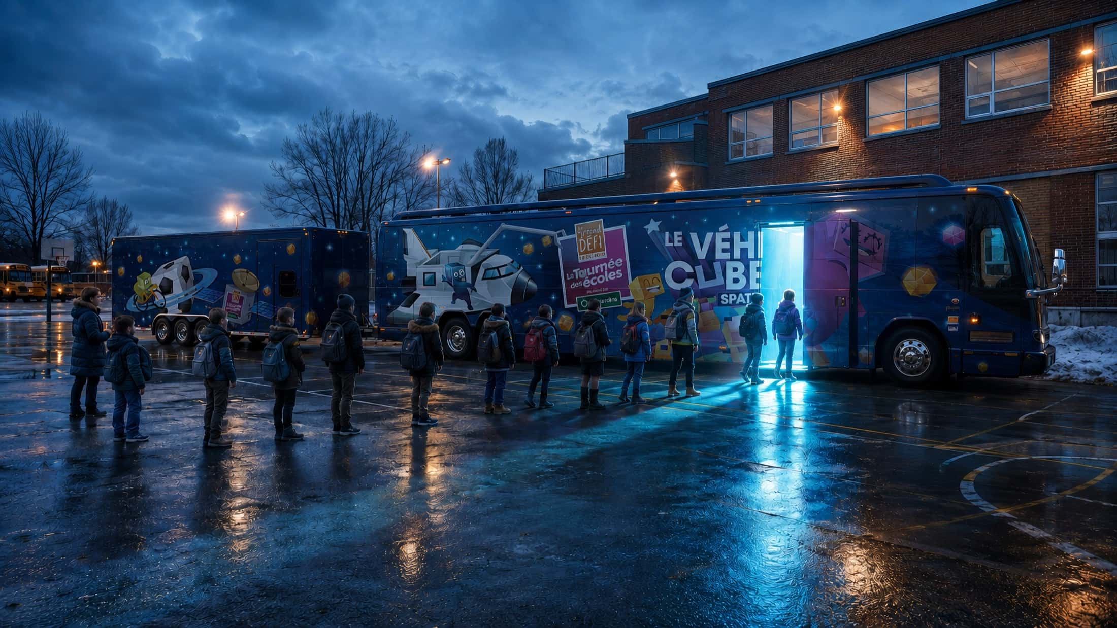 At nightfall, the VéhiCube coach parked in a schoolyard; a line of pupils waits at the door, cyan light spilling out of it.