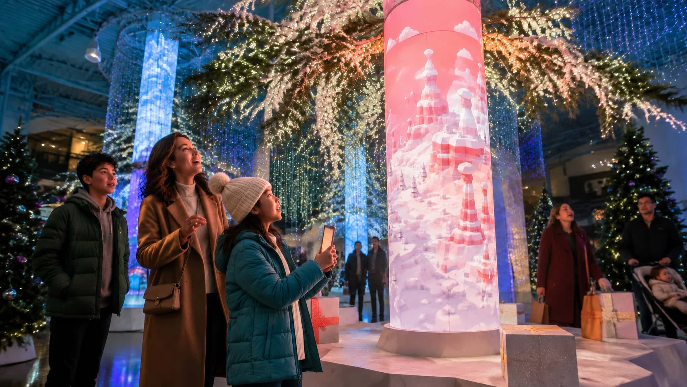 A family looks up at a column of light turned coral, covered in snow-capped rock spires, while the child holds her phone out in front of her.