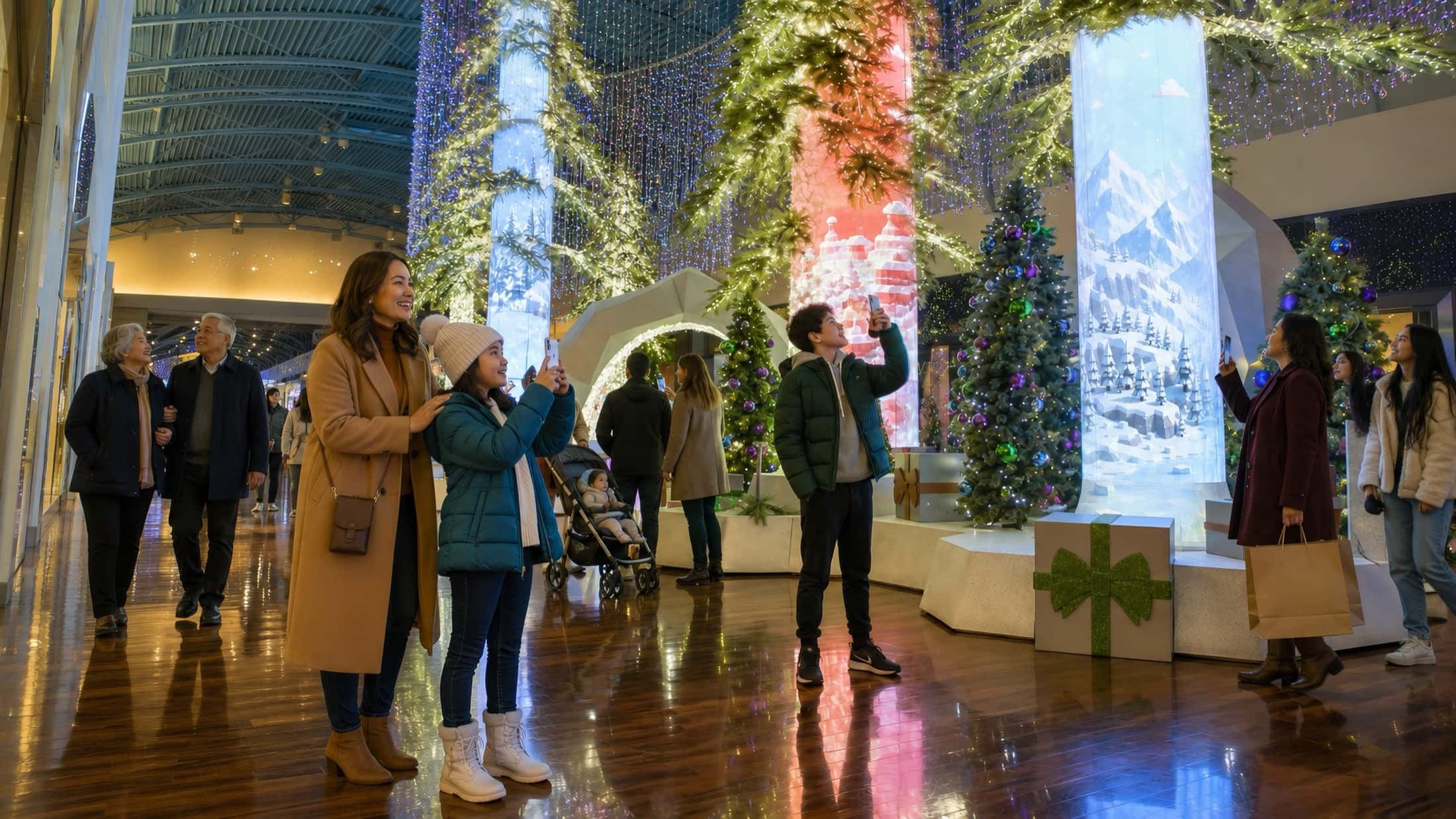 In a shopping concourse, a forest of giant lit pines and tall columns of light; visitors hold phones up, pointing at different parts of the set.