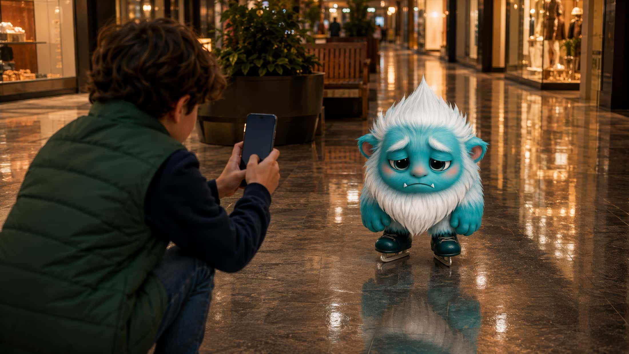 In a mall corridor, a crouching boy aims his phone at a small turquoise yeti on skates, sad and lost, reflected in the polished floor.