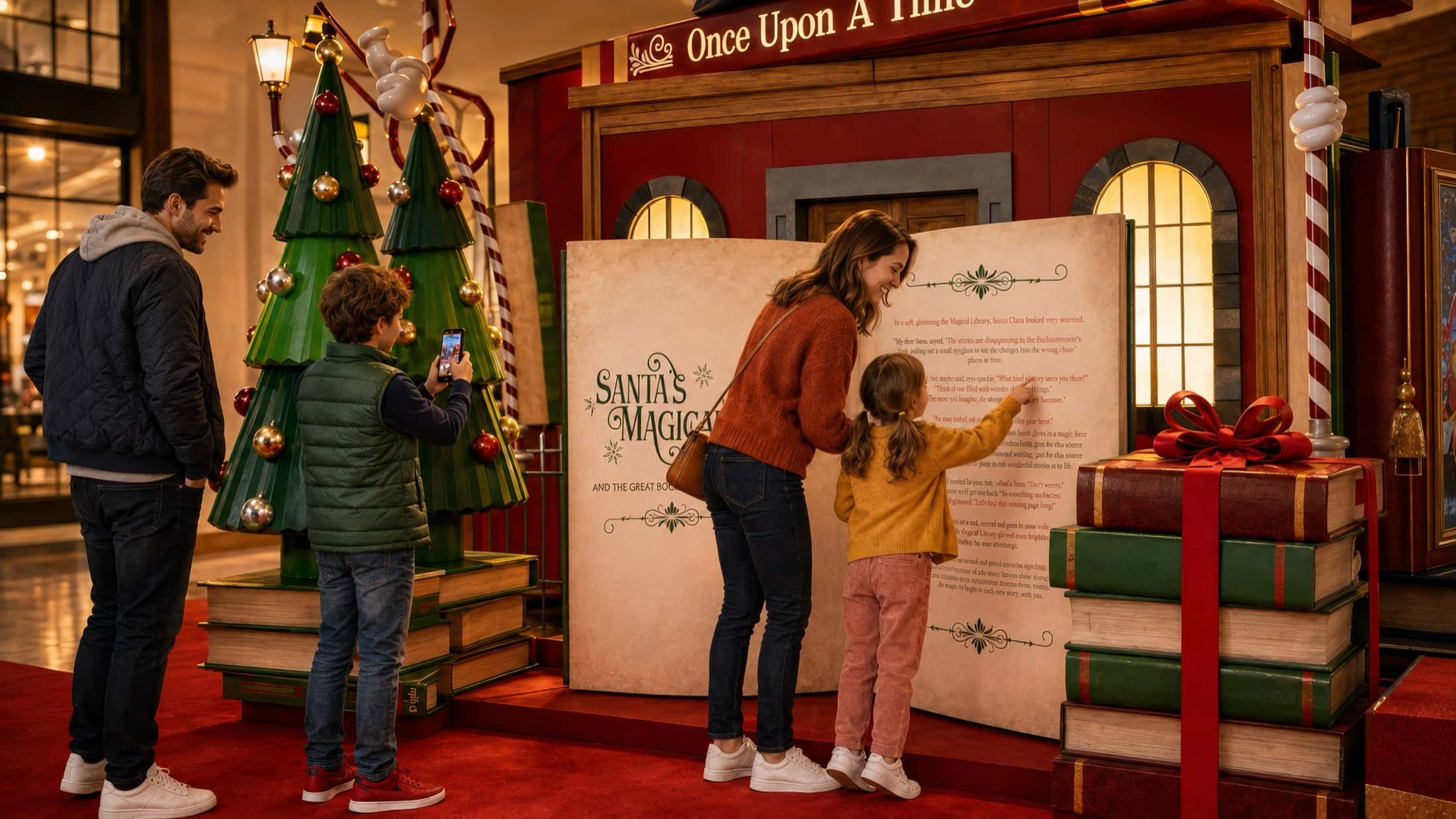 In front of the magical library — a giant open storybook, a red book-house, candy-cane lampposts — a mother and daughter read the giant pages while the boy raises his phone toward the set.