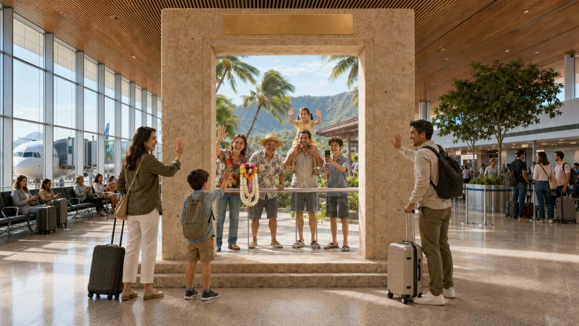 A large-format immersive environment running, visitors in front of it.