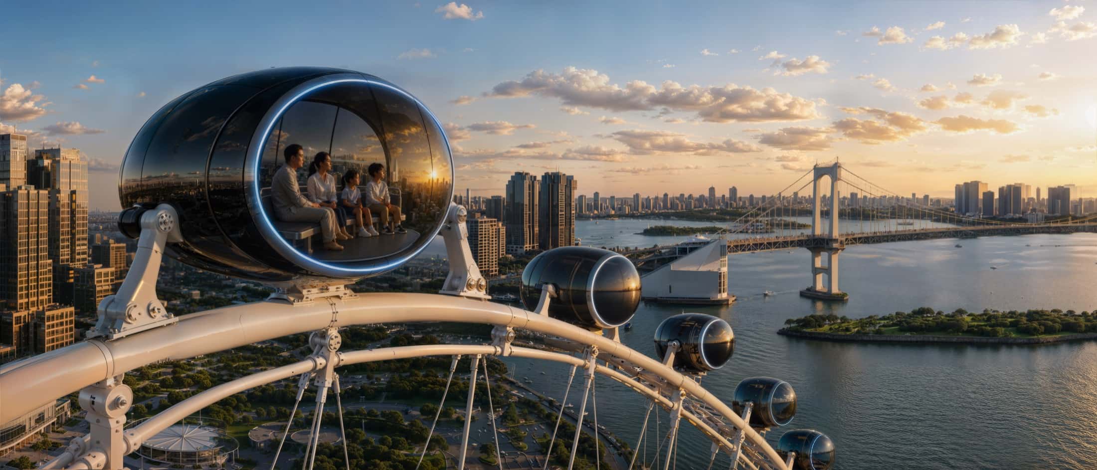 A family in an observation-wheel capsule takes in an urban bay at sunset, a suspension bridge in the distance.