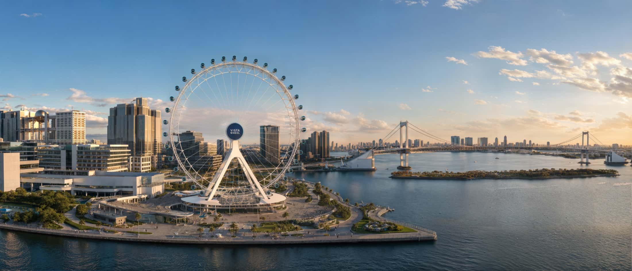 Wide shot of an observation wheel integrated into an urban bay, in daylight.