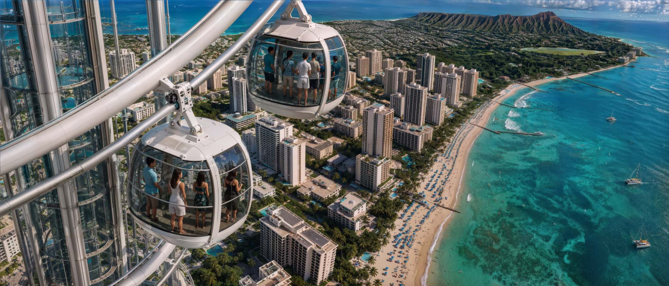 Two glass capsules spiral up a tower above a destination beach and its hotels.