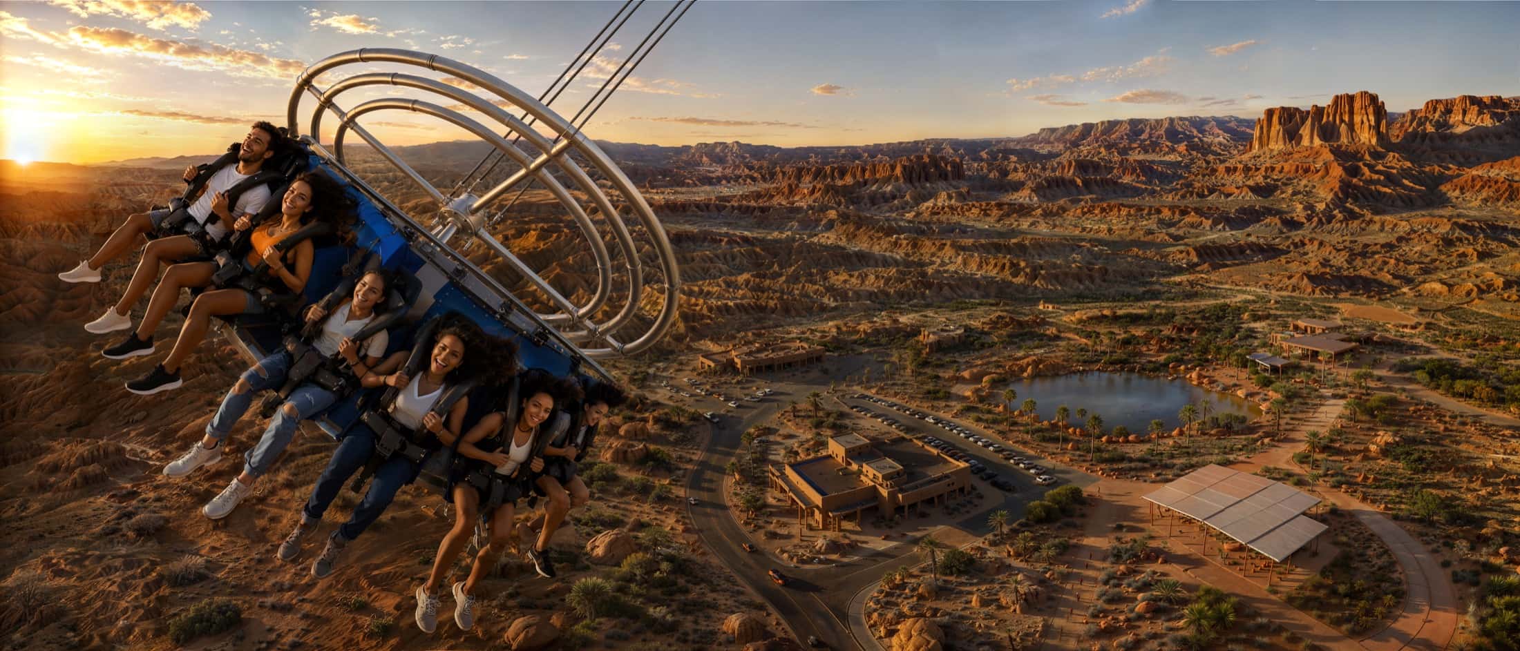A giant-swing gondola flies over a desert canyon bathed in the setting sun.