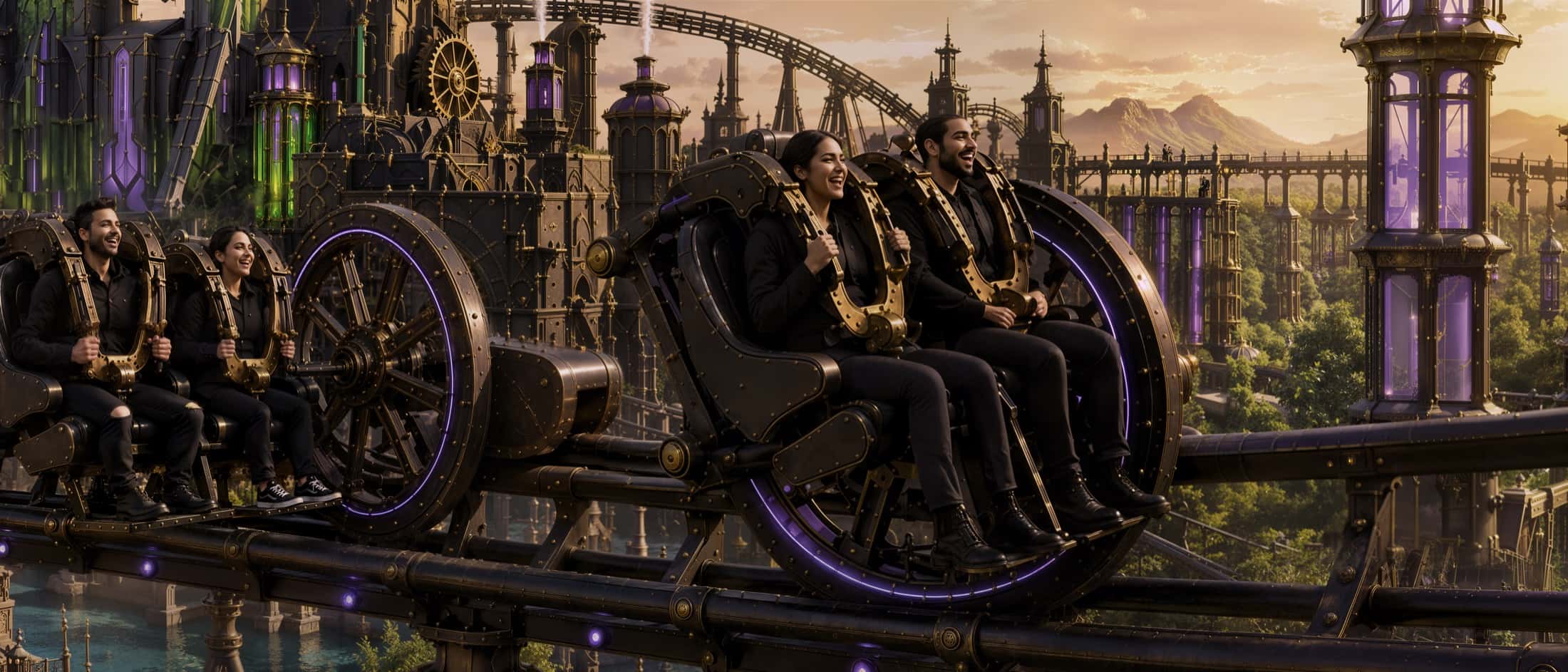 Passengers laughing in a richly themed coaster vehicle, a steampunk world around them.