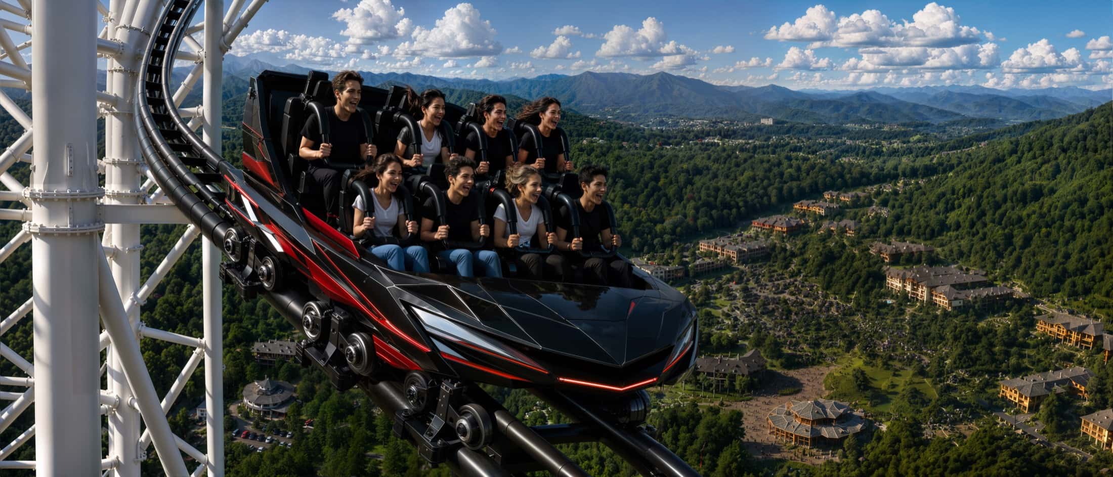 Passengers with arms raised in a coaster train, the valley far below.