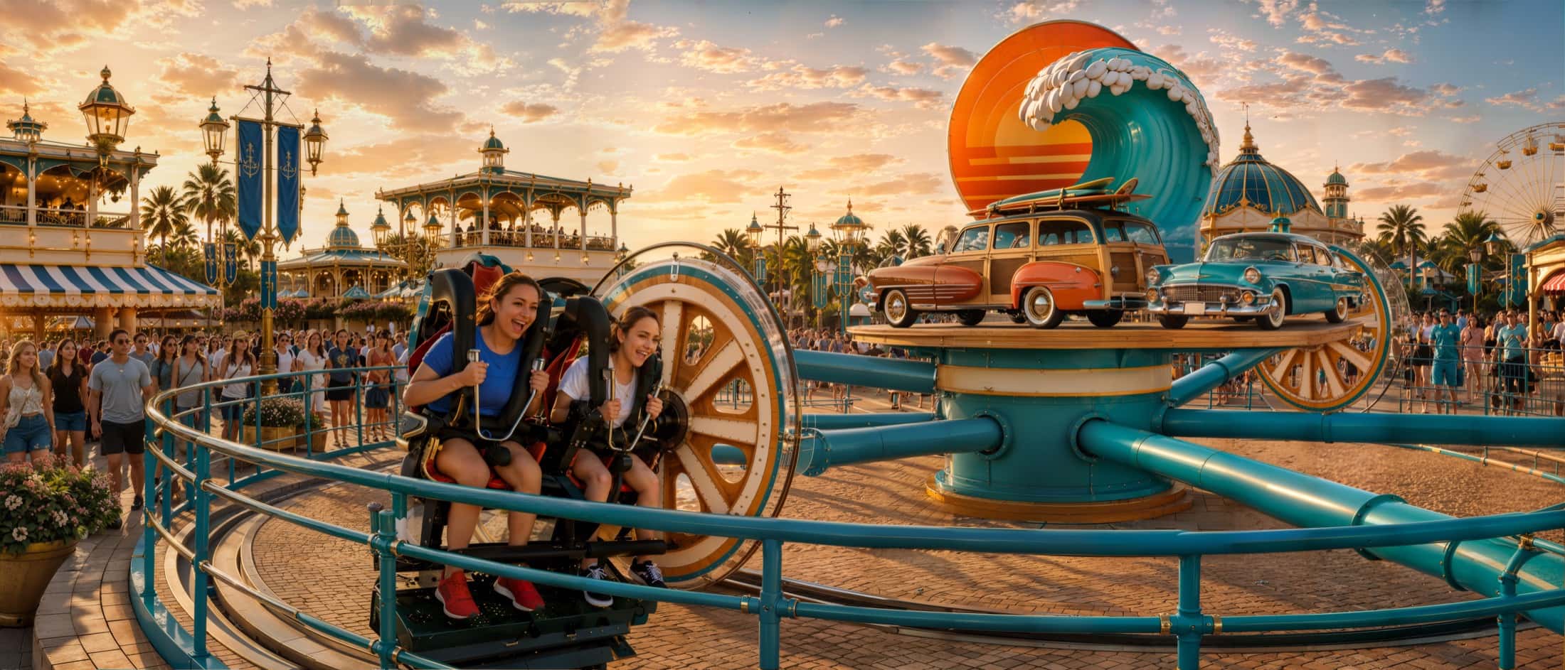 Two friends laughing on a spinning ride, the boardwalk gilded by the evening sun around them.