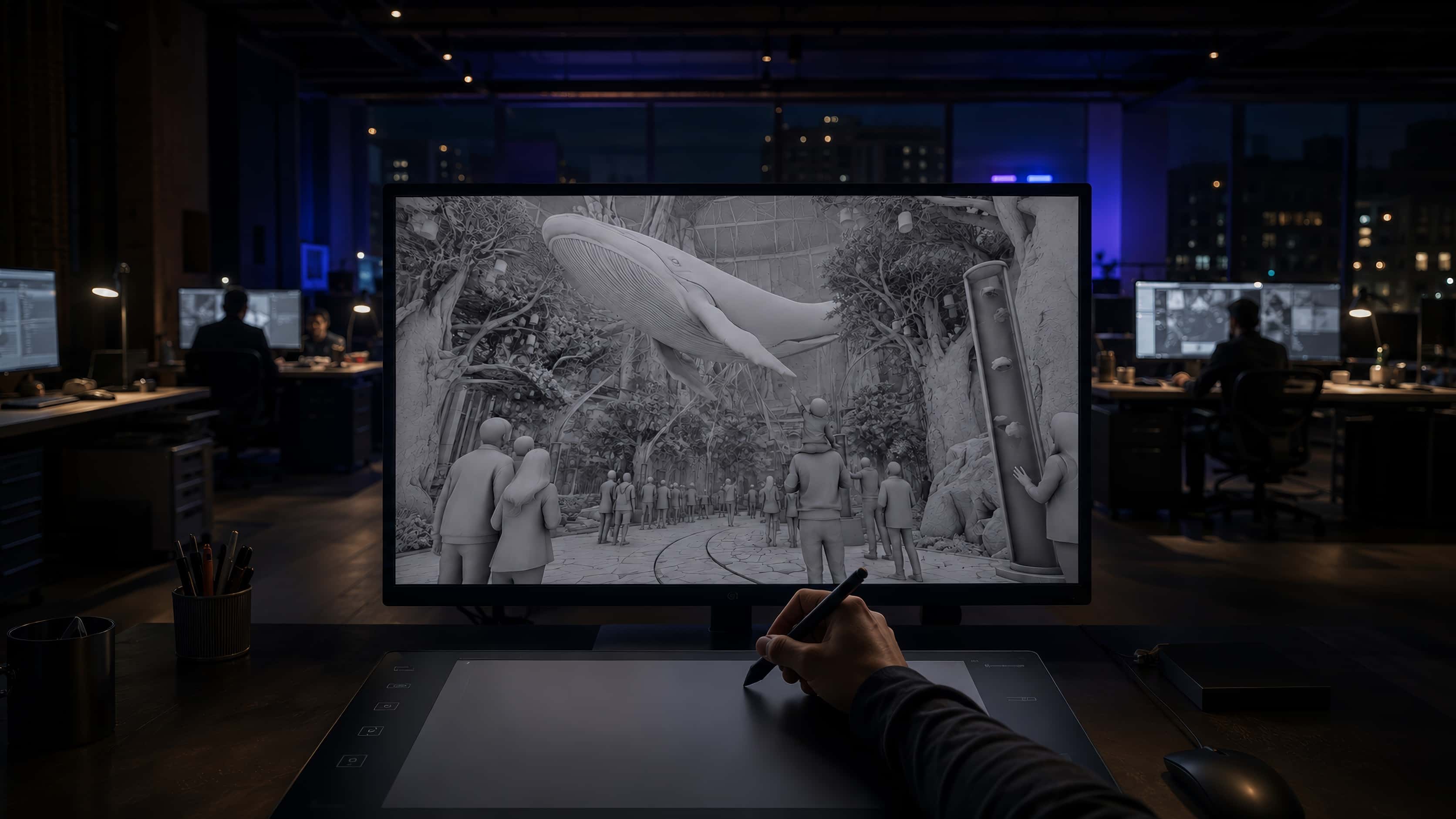 In a studio at night, a hand with a stylus works on a graphics tablet in front of a large monitor where an immersive environment — a whale above a crowd — appears as a grey 3D render.