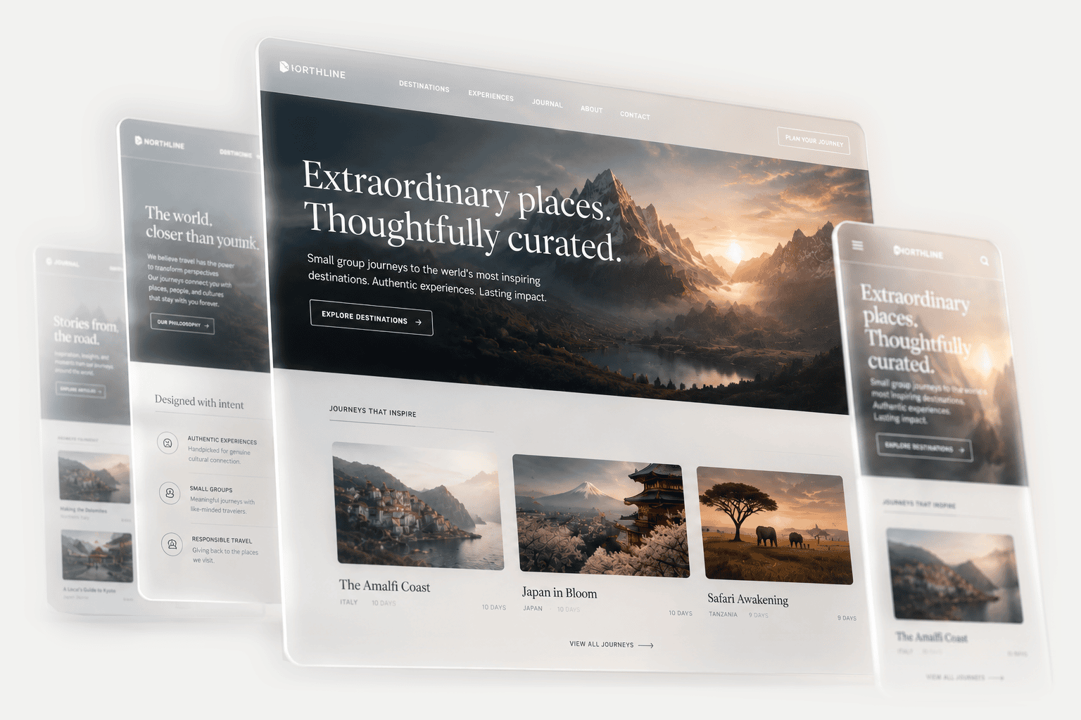 The pages of an editorial website as frosted-glass panels stacked in depth, desktop layout in front and mobile layout ahead of it.