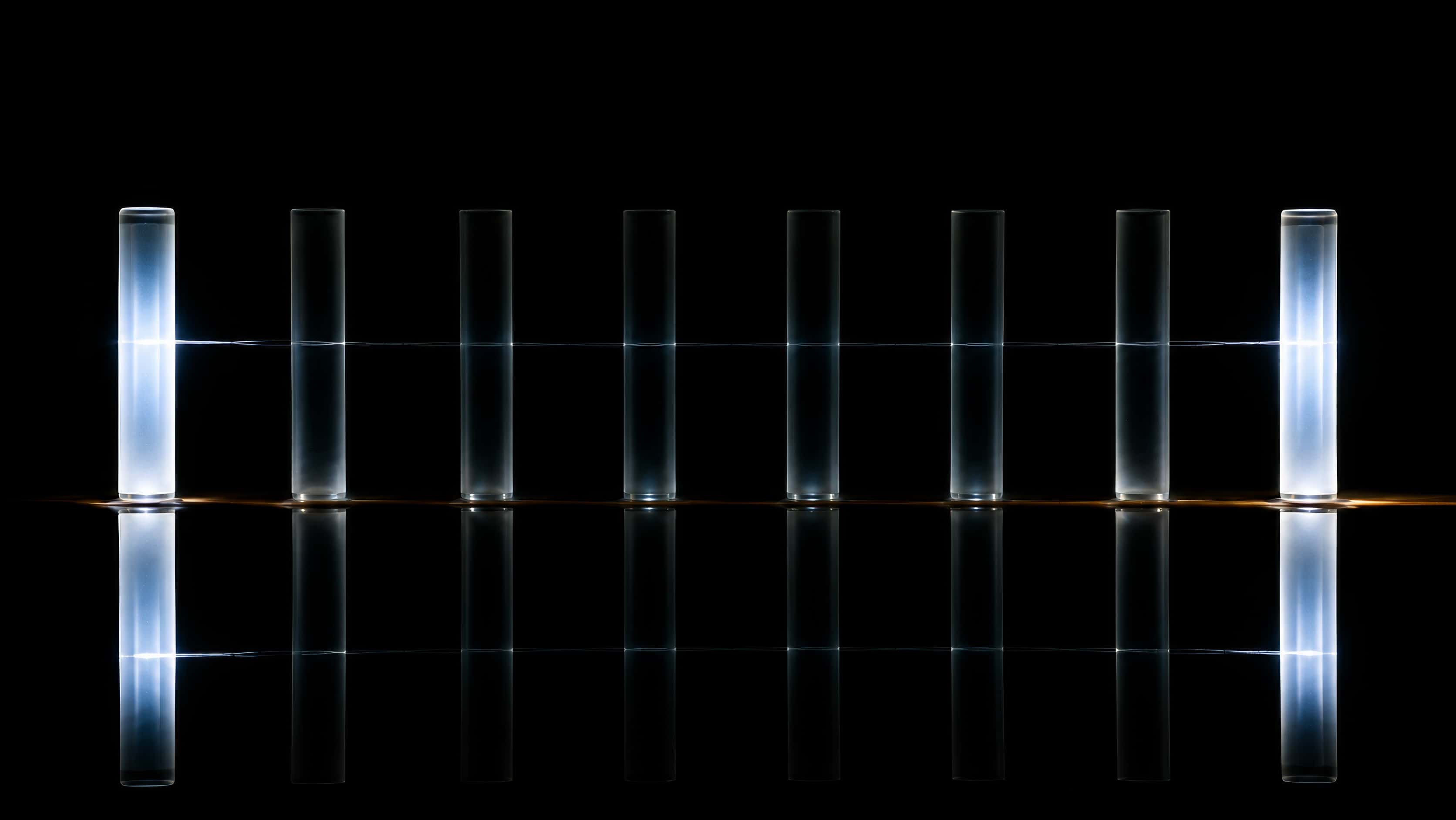 Eight frosted glass rods in a row on a black surface: the two at the ends glow ice-blue, the six in the middle almost dark.