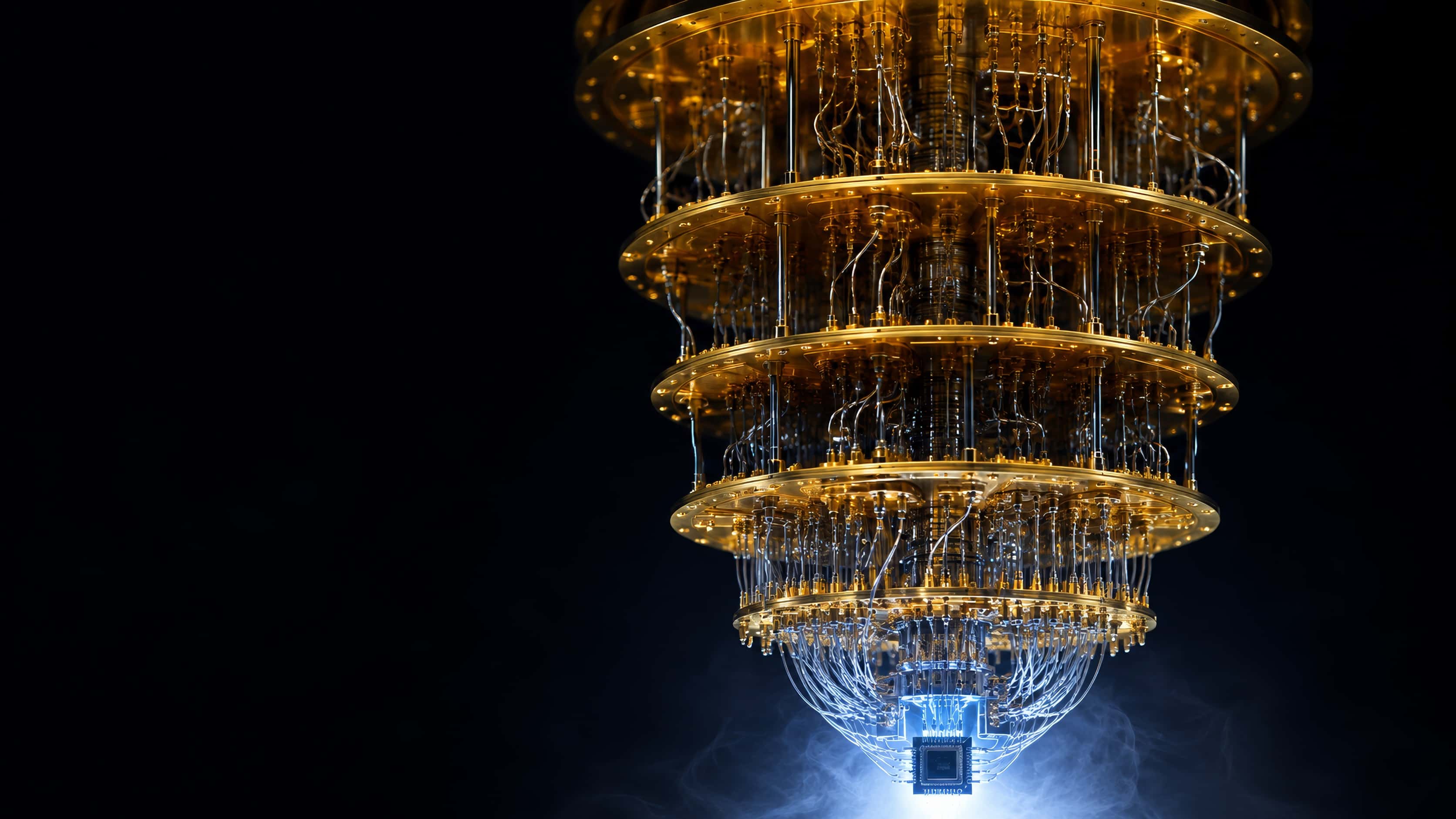 The inside of a superconducting quantum computer: a chandelier of gold-plated copper stages and silver cables, hanging in darkness.