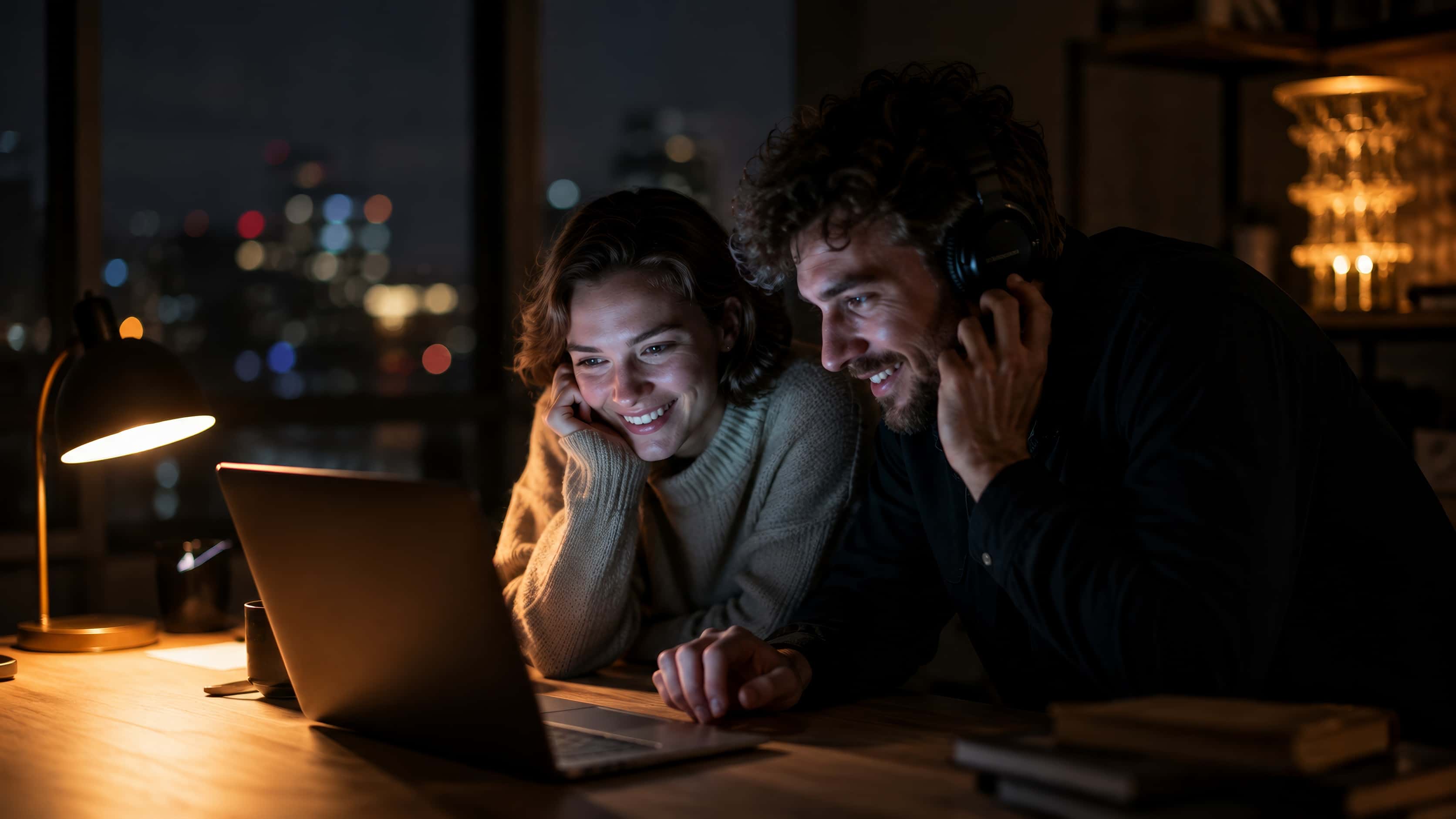 Two people leaning over the same laptop in a dark studio, one headset shared between them, smiling the way people do when something works for the first time.