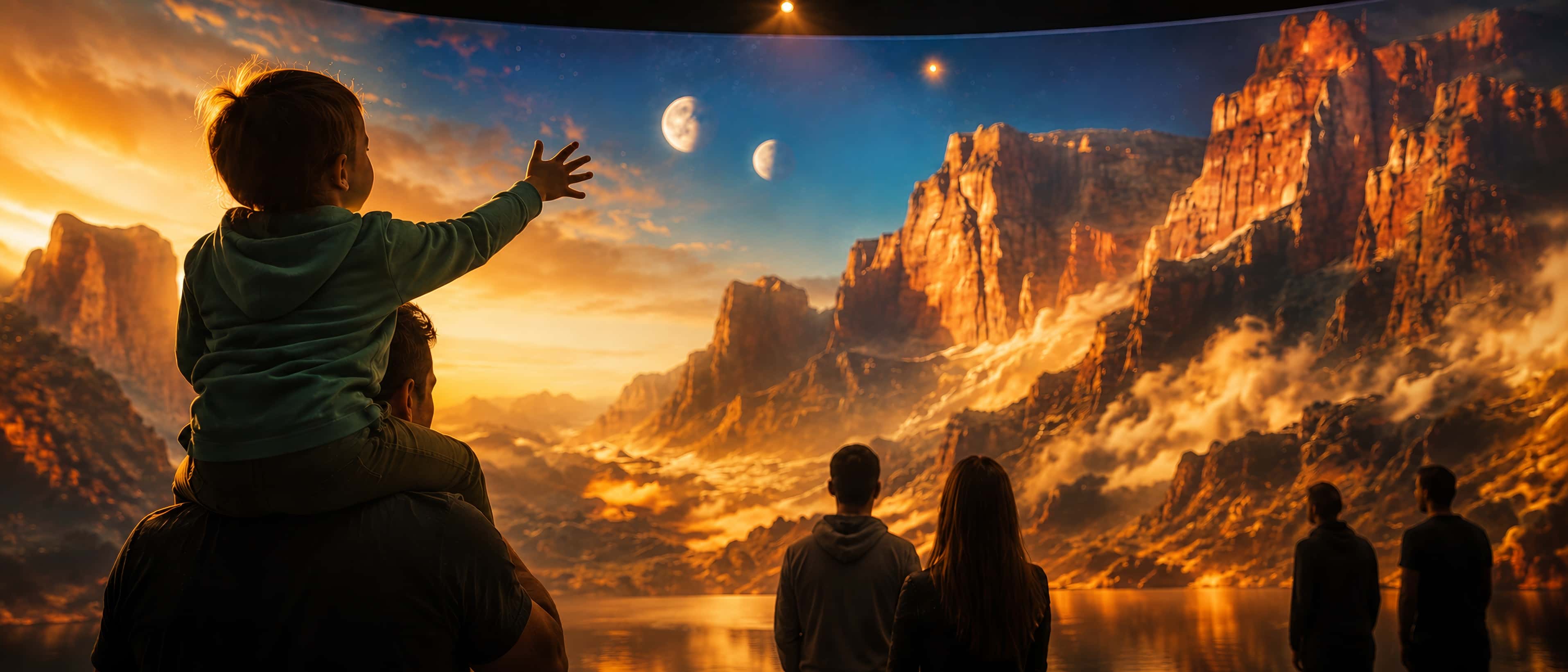 A child on her father's shoulders reaches toward the projected cliffs, in the middle of the audience.