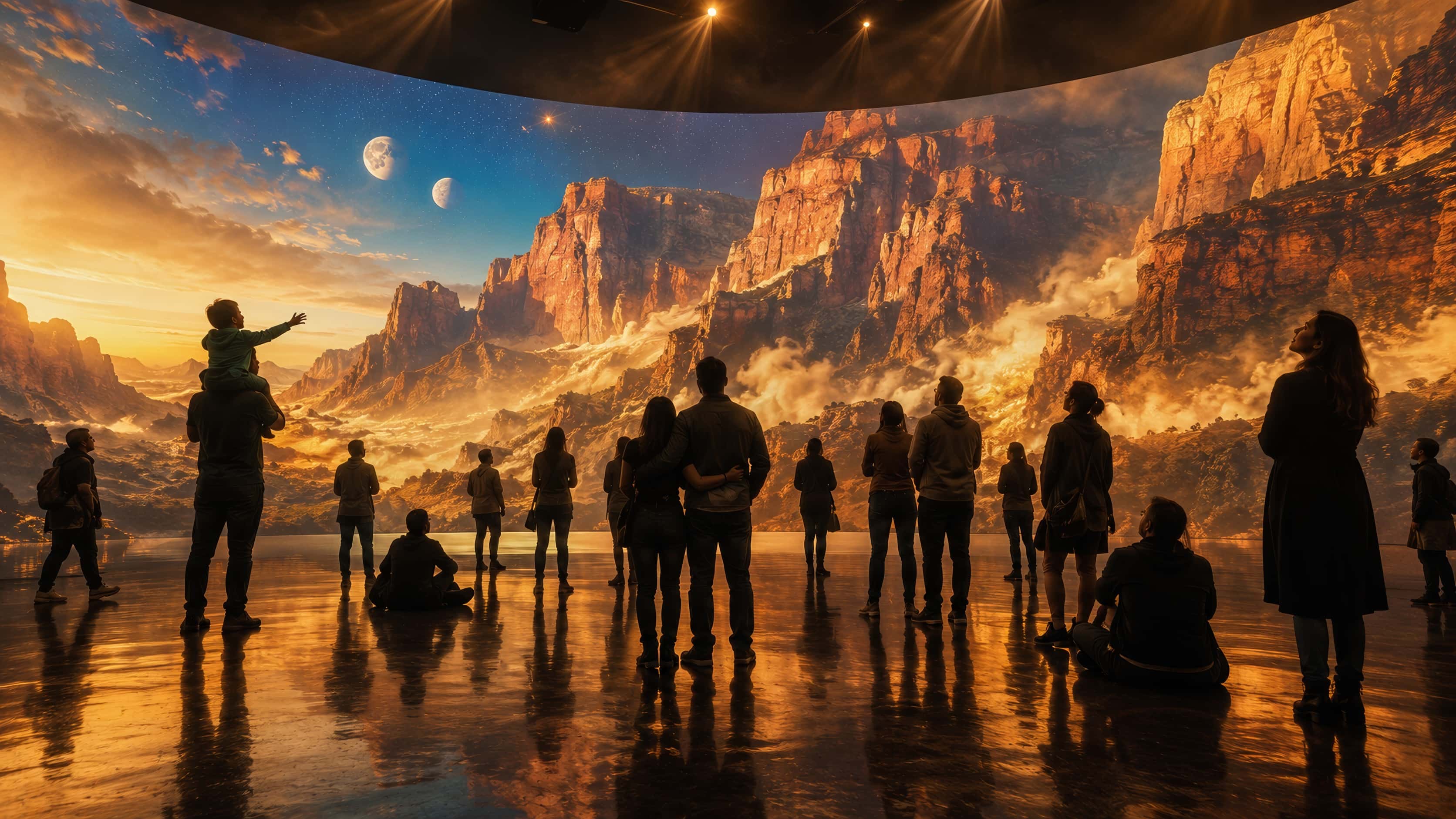 Inside an immersive hall, an audience seen from behind facing another world's canyon projected on a curved wall, two moons in the sky.