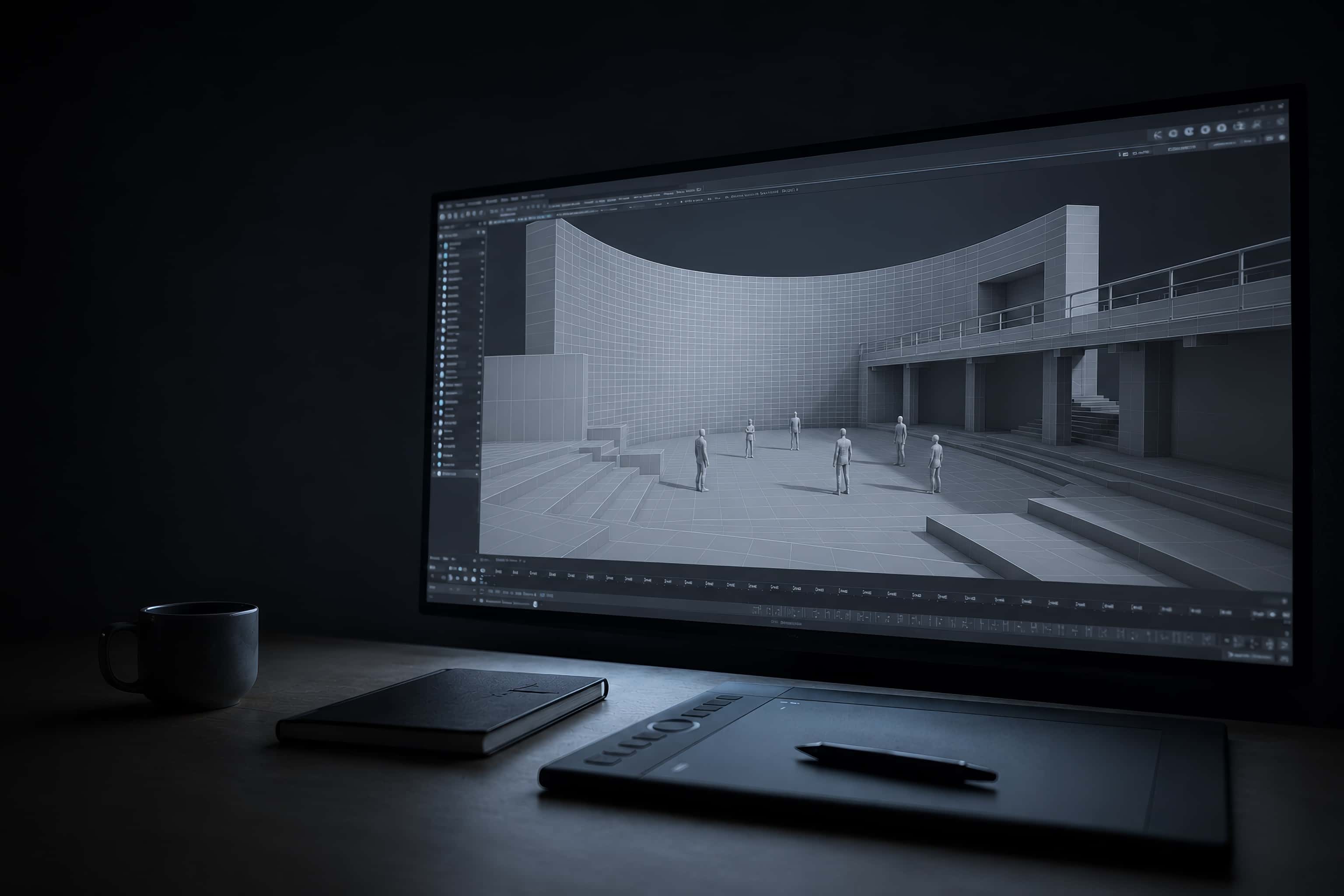 A work screen in a dark room: the grey clay model of an immersive amphitheatre being built, wireframe edges visible.