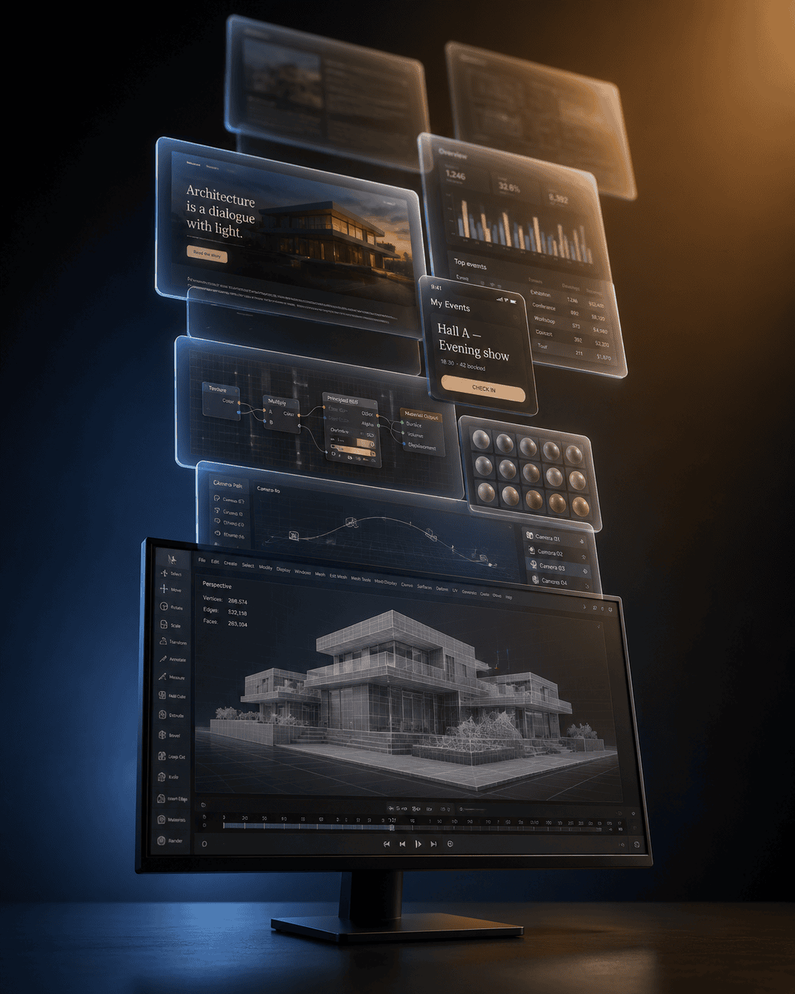 A workstation whose interface escapes the screen: modelling tools close to the display, finished work rising away as glass panels.