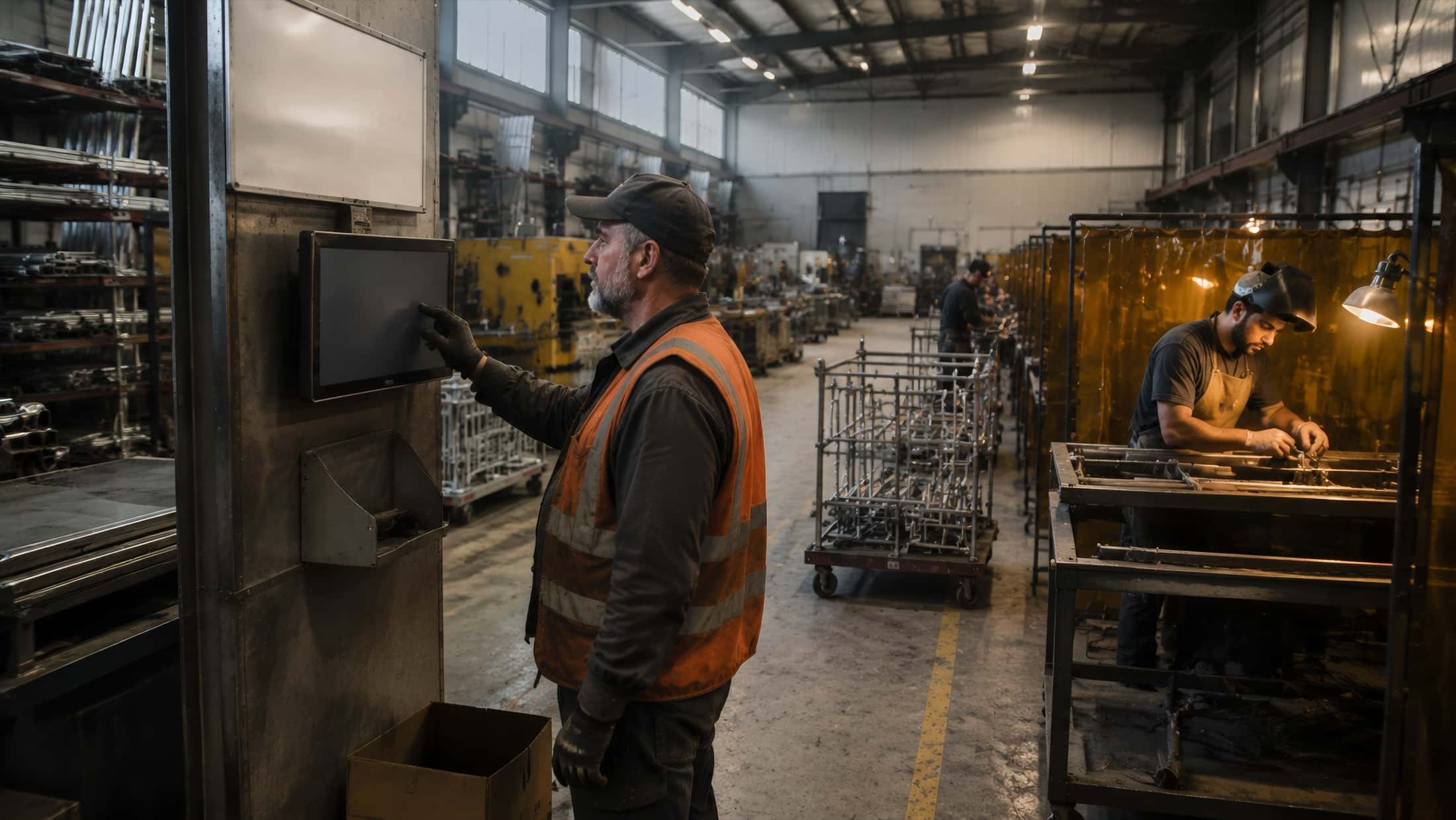 A shop foreman reads a wall terminal; beside it the whiteboard is wiped clean and the document holder is empty.