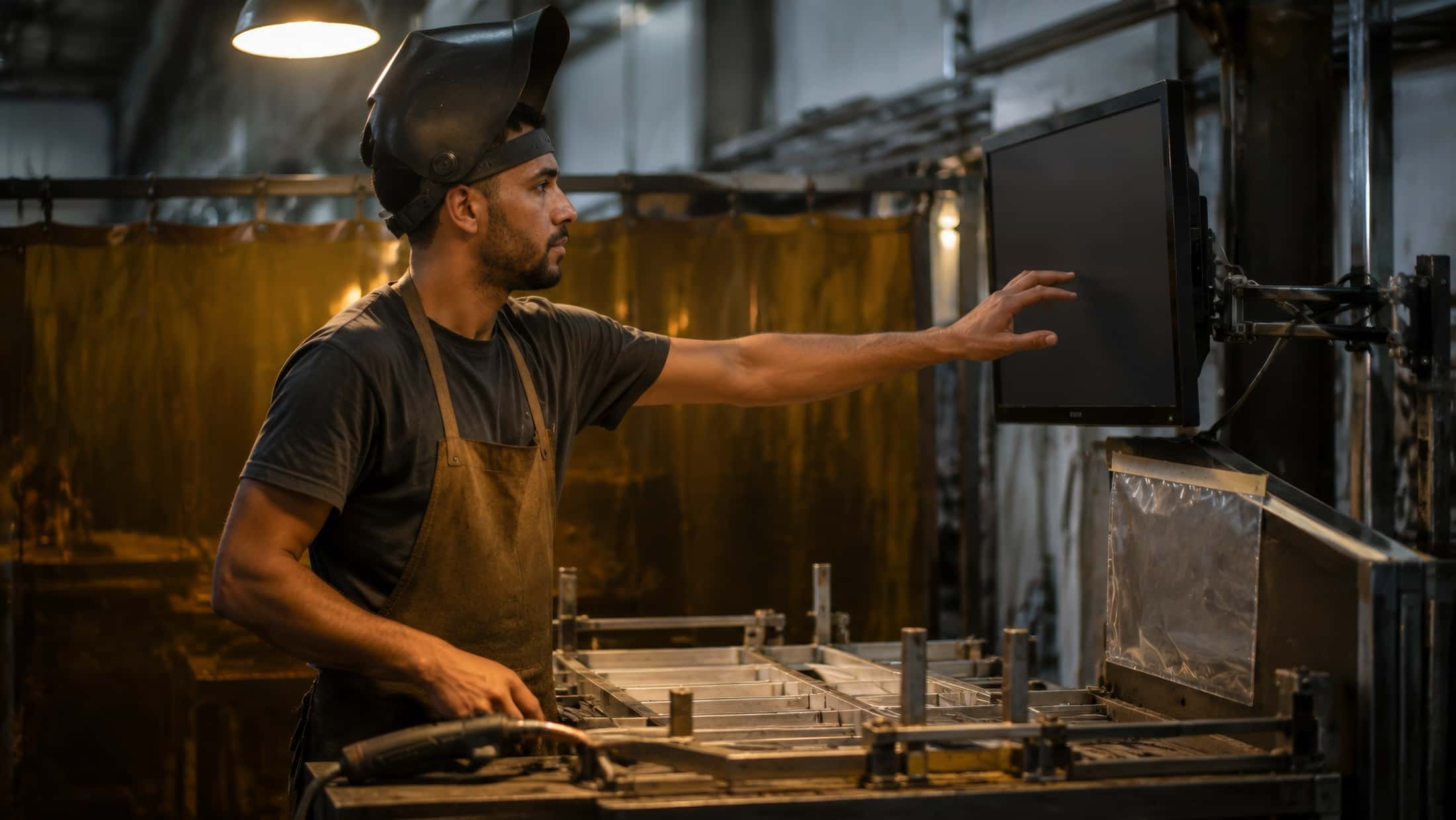 A welder, helmet flipped up, closes out an operation on the industrial screen at the corner of his bench.