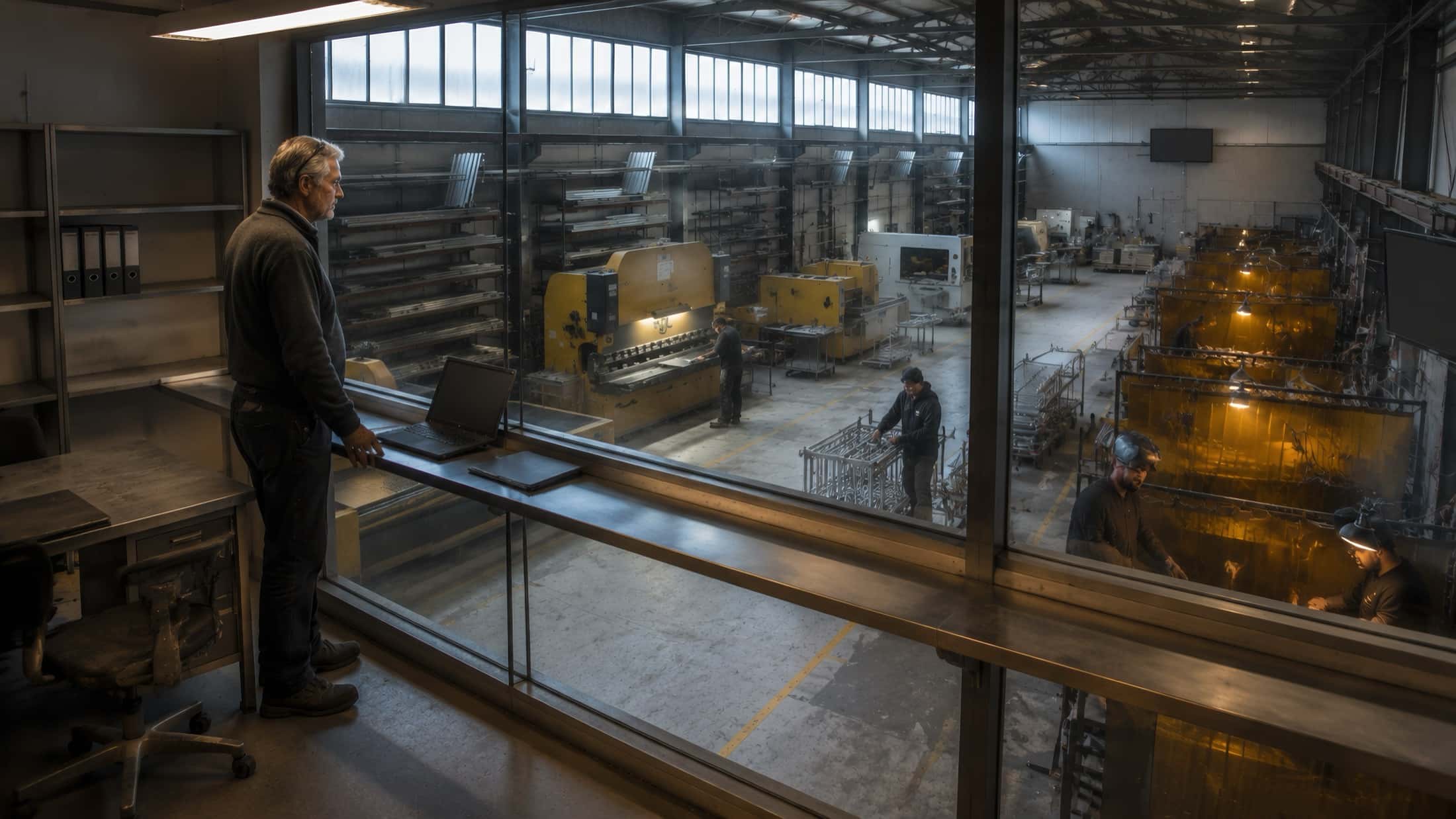 An owner at the glass of a mezzanine office, looking down at his shop, a laptop open beside him.