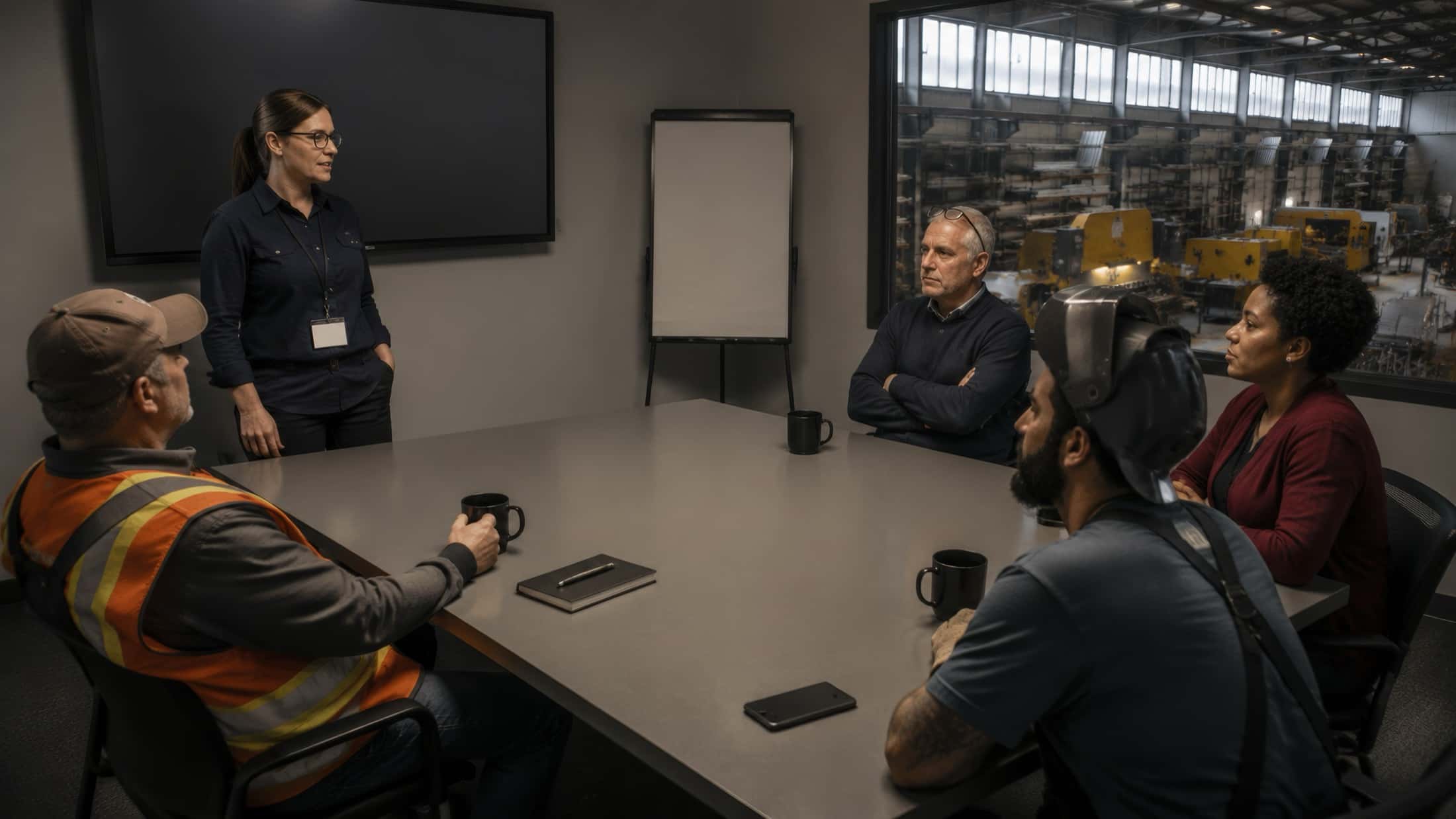 Morning production meeting: four people around a bare table, a large wall screen, no paper anywhere.