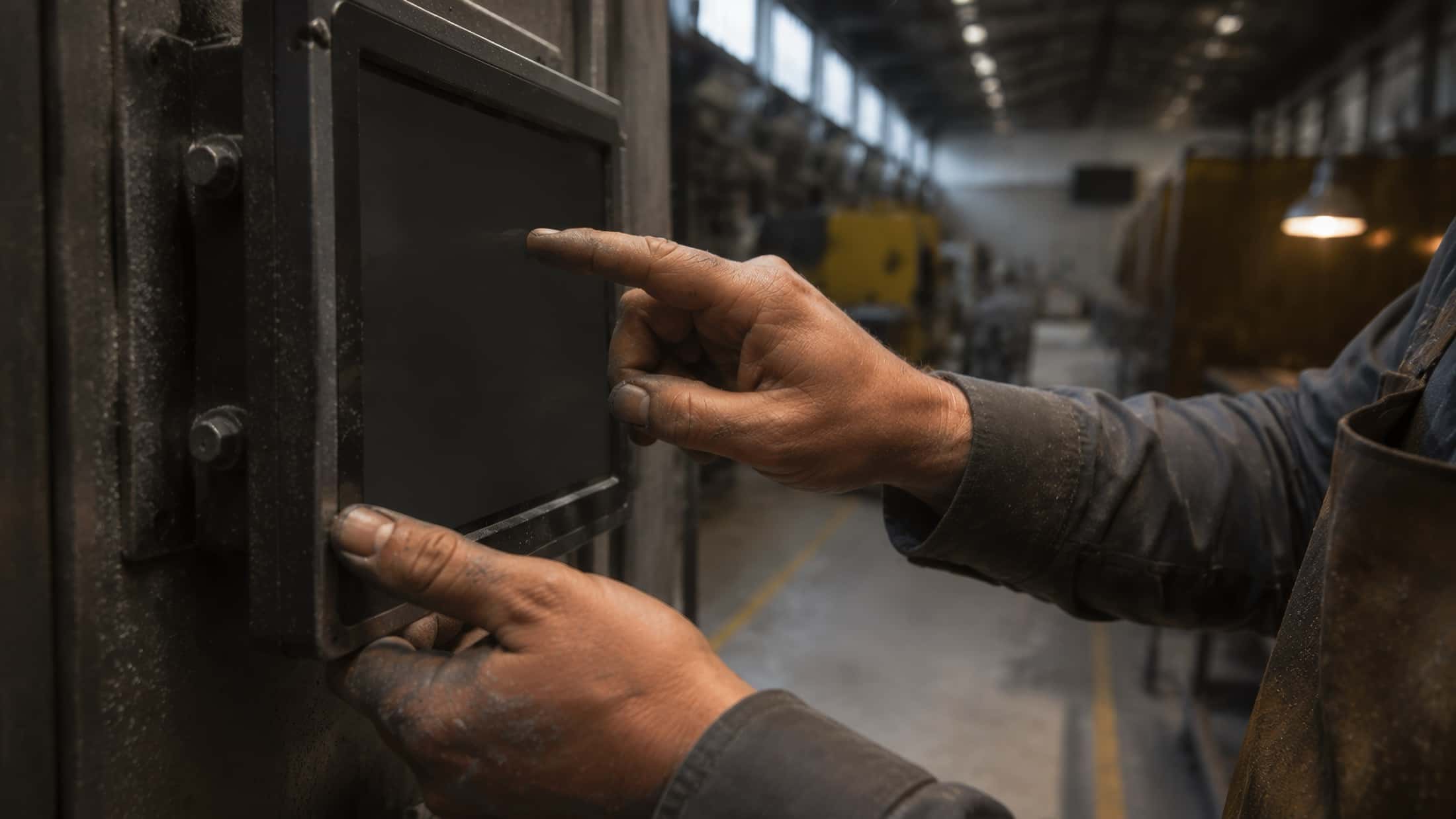 Two working hands, aluminium dust in the creases, on the glass of an industrial terminal.
