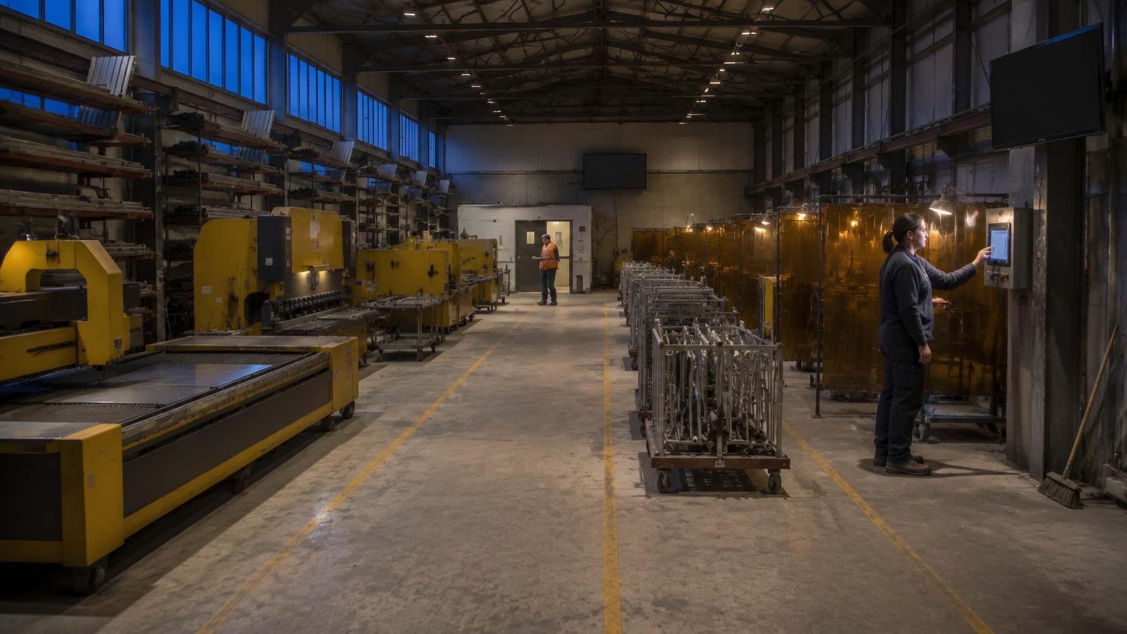 End of shift: the shop quiet, machines stopped, one terminal still lit down the aisle.