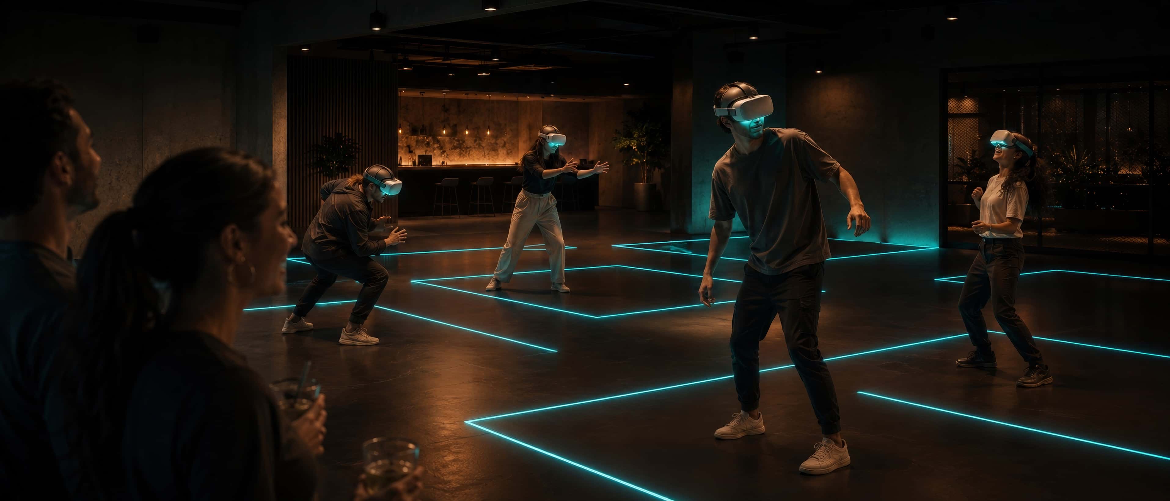 A modern, beautifully designed VR arcade: four players in headsets inside zones marked by glowing floor lines, smiling spectators standing back.