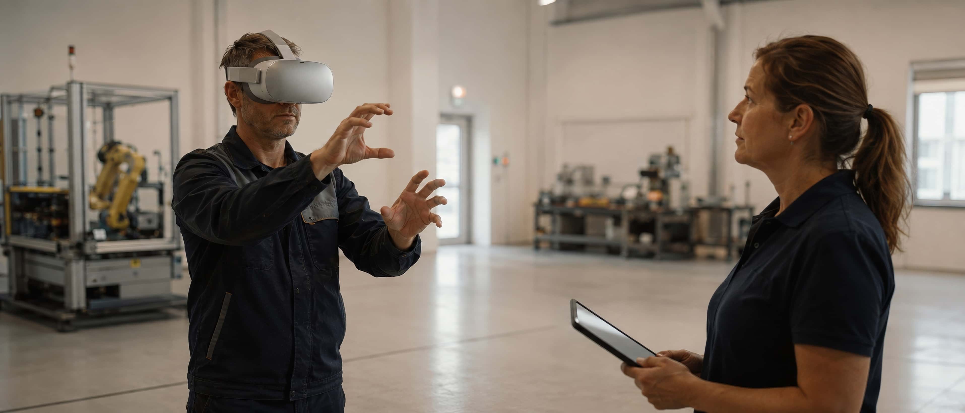 A clean industrial training room: an employee in a headset performs a precise gesture while a trainer watches nearby, tablet in hand seen at an angle.