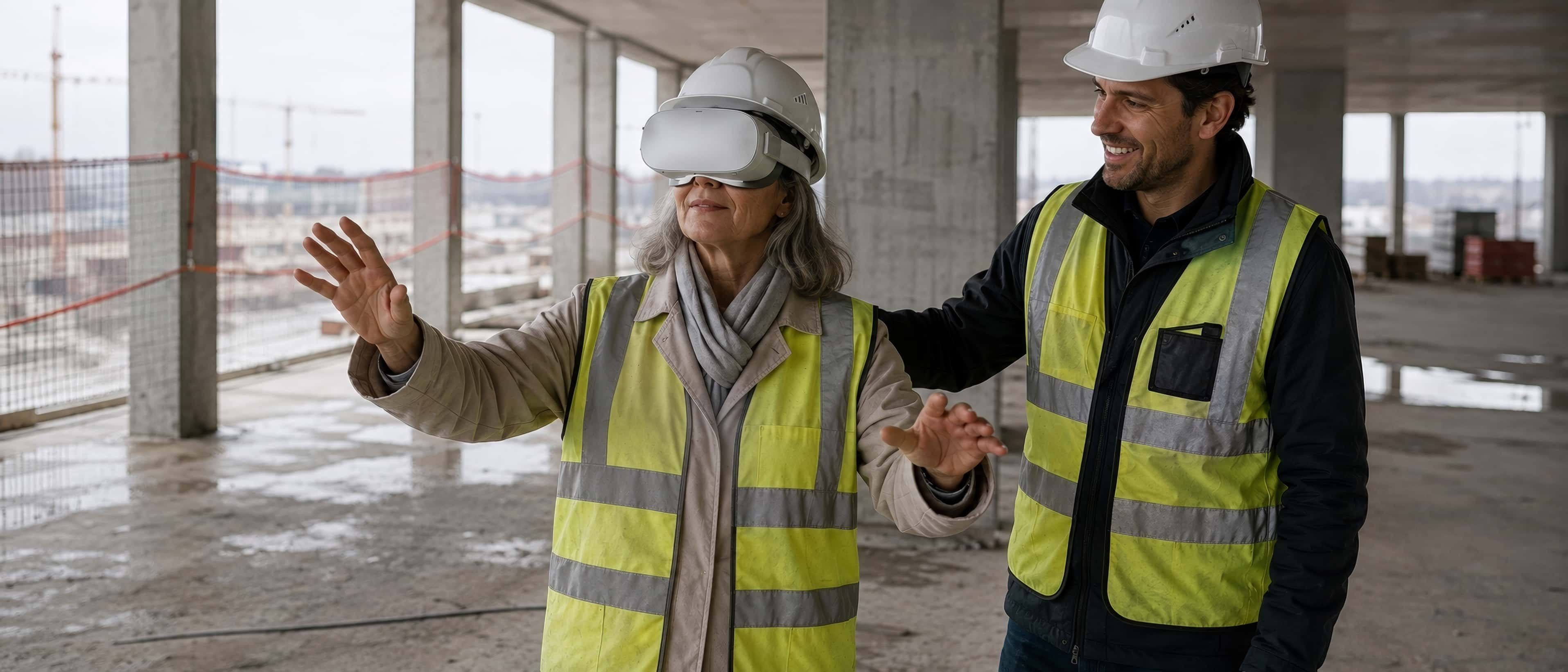 On a real construction site in its early stages, a client in a headset steps forward carefully, guided by a professional; the bare structure surrounds them.