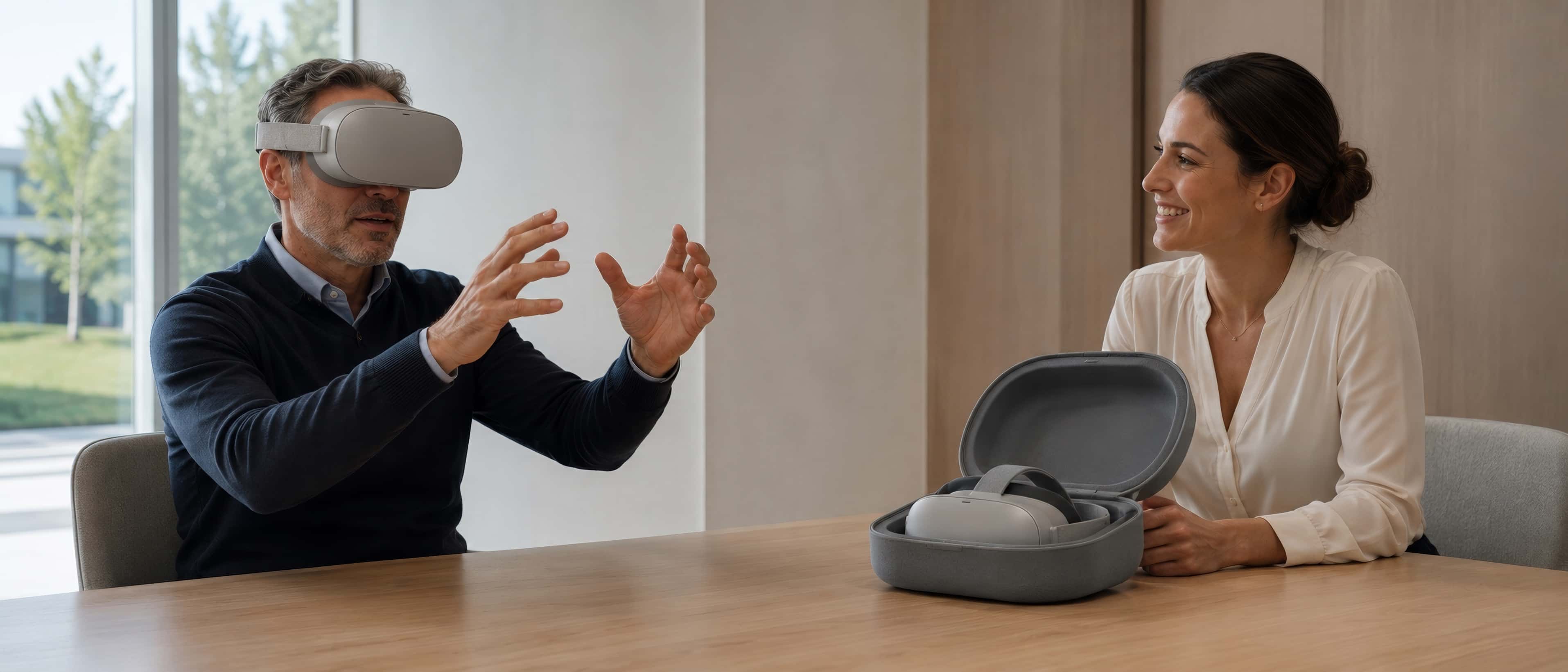 In a bright meeting room, a client in a headset reaches out as if grasping an invisible object; a sales rep smiles beside an open briefcase.