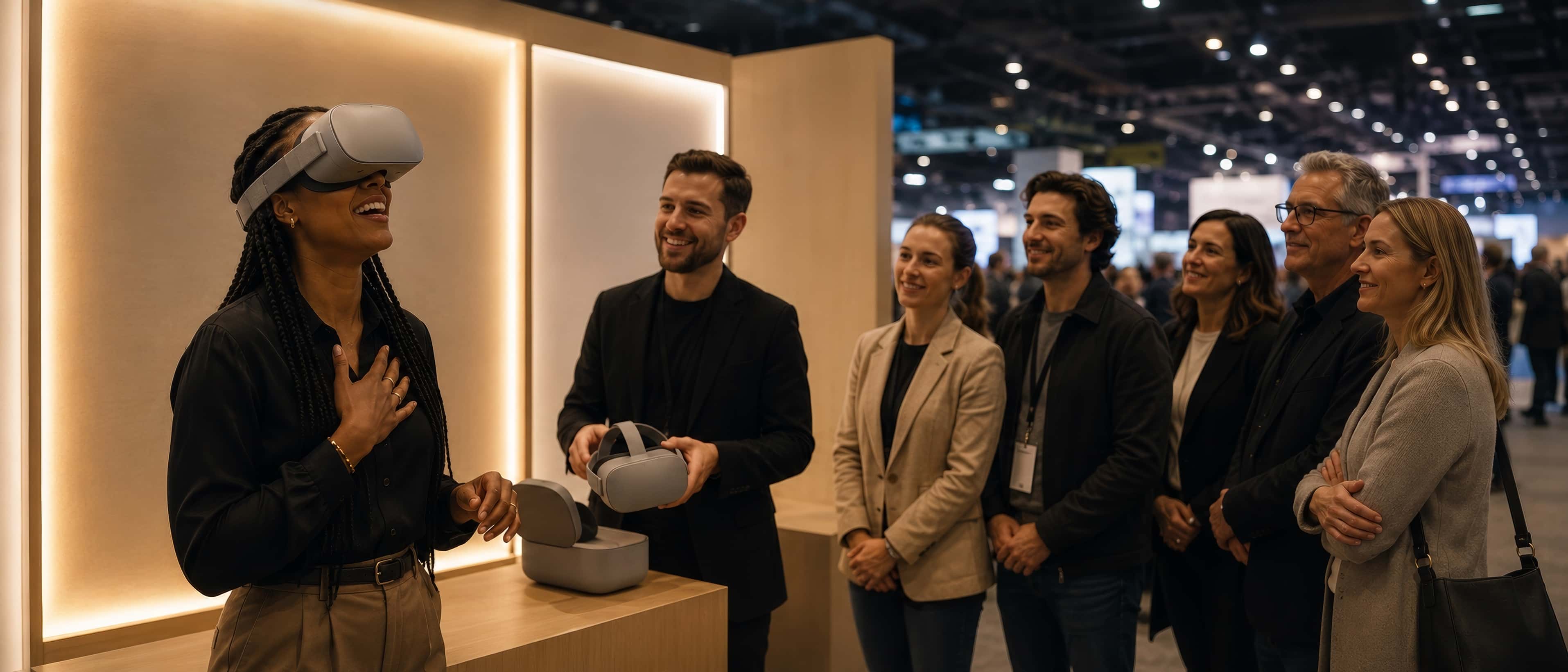 A trade show booth with luminous design: a visitor in a headset laughs, hand on chest, while a line of curious visitors waits their turn.