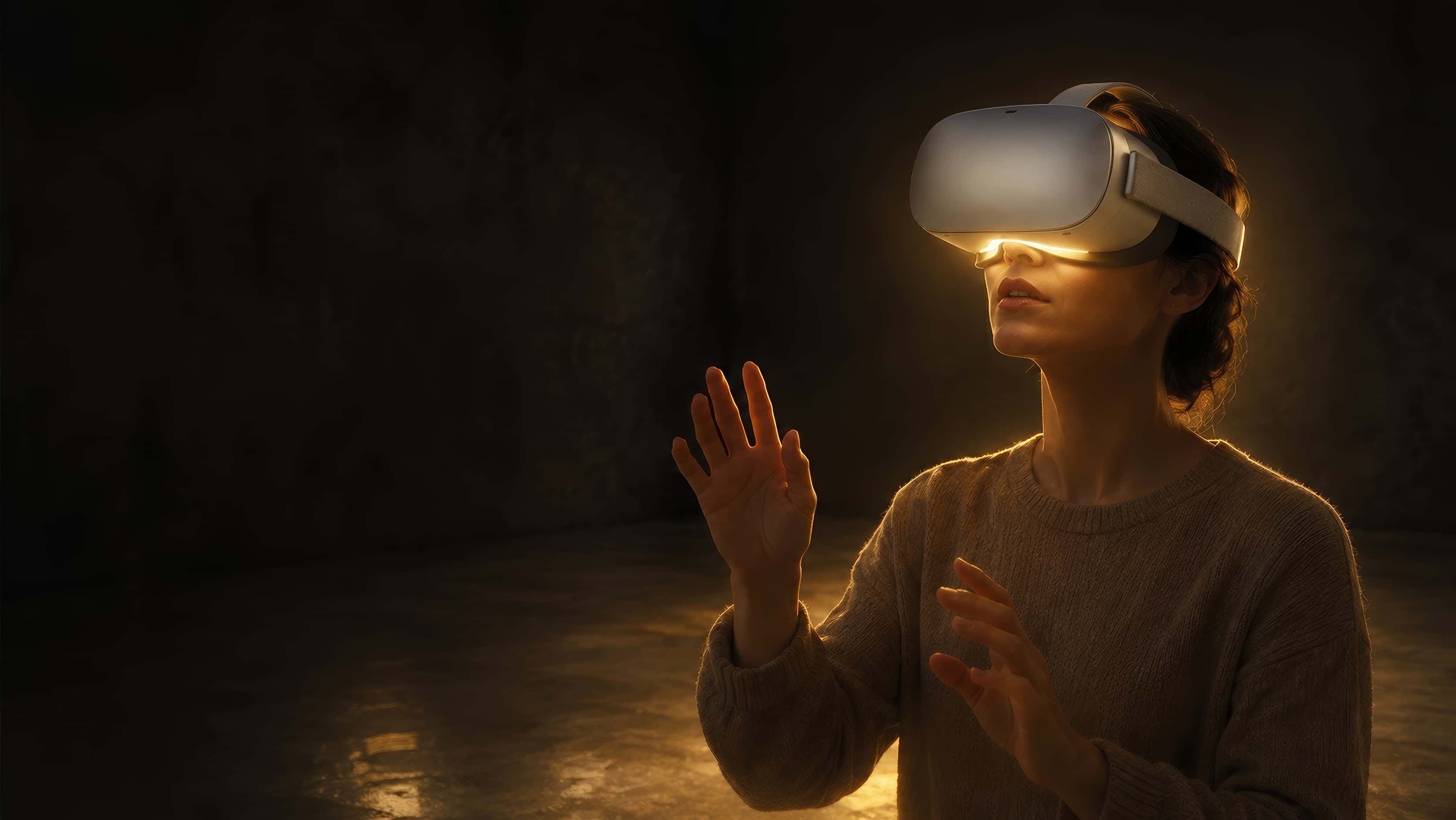 A person standing in a dark room wearing a VR headset, hands raised; colored light spills from the headset onto their face.