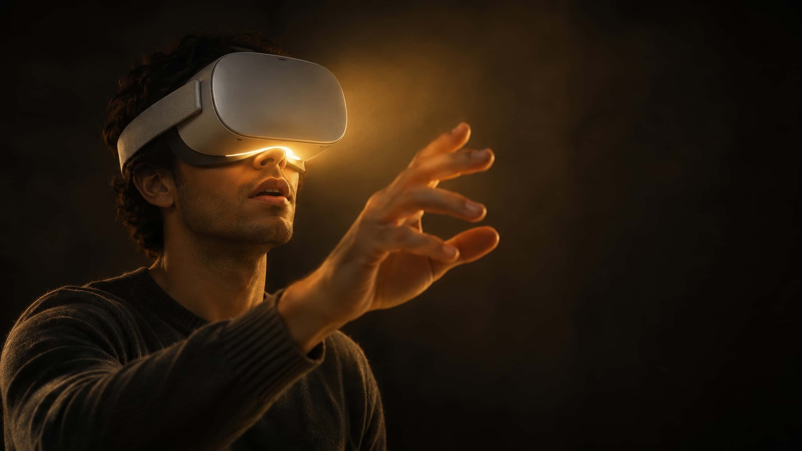 Close-up of a person in a headset in the dark, lips parted, one hand reaching forward into a halo of golden light.