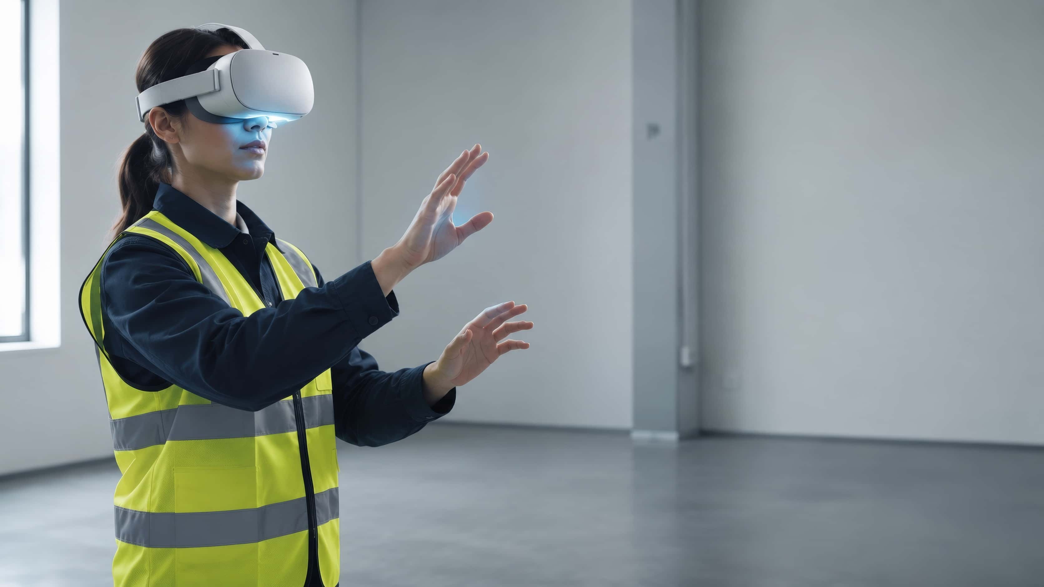 A worker in a safety vest, VR headset on, performing a precise technical gesture in a clean training room.