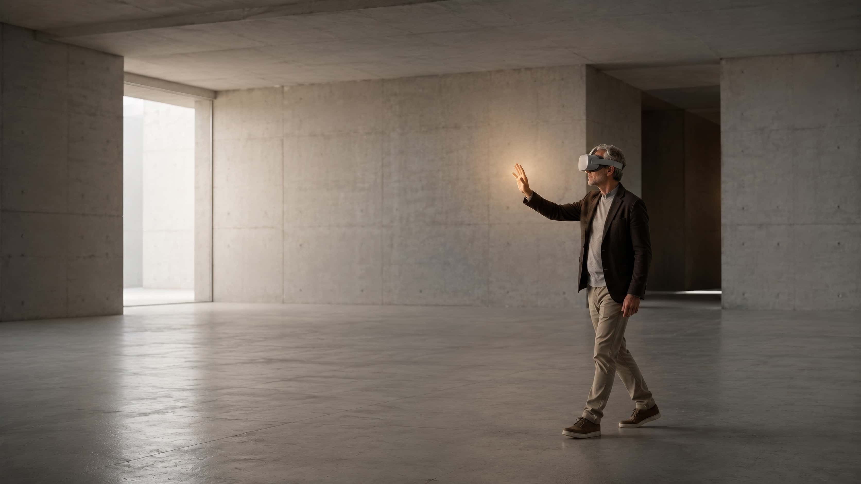 An architect in a headset walking slowly through a large empty room, one hand raised as if touching a wall that doesn't exist yet.