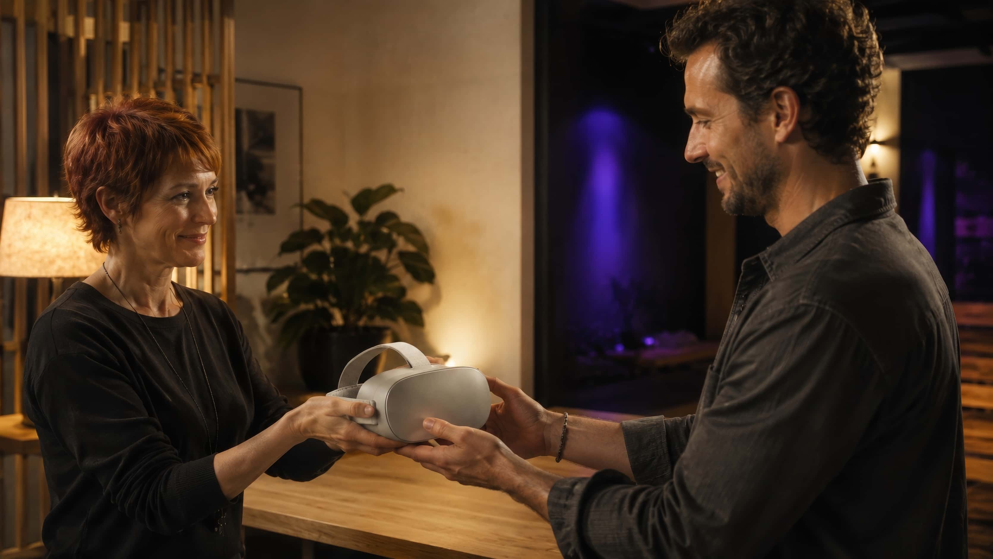 In a warm studio, one person hands a VR headset to another, who smiles as they take it.