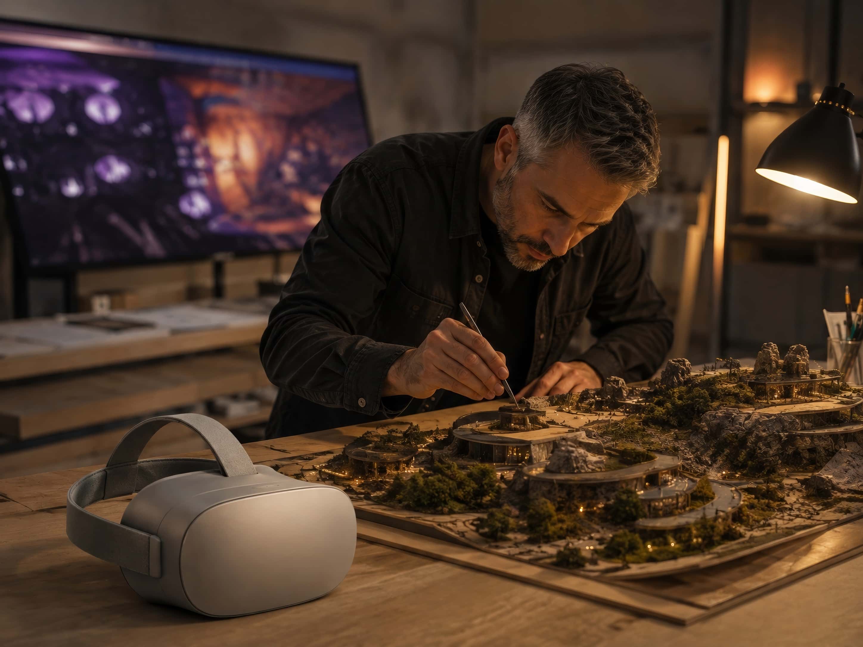 Behind the scenes at a creative studio: an artist adjusts a physical set model while a large screen, seen at an angle and out of focus, glows with the colors of a world under construction.