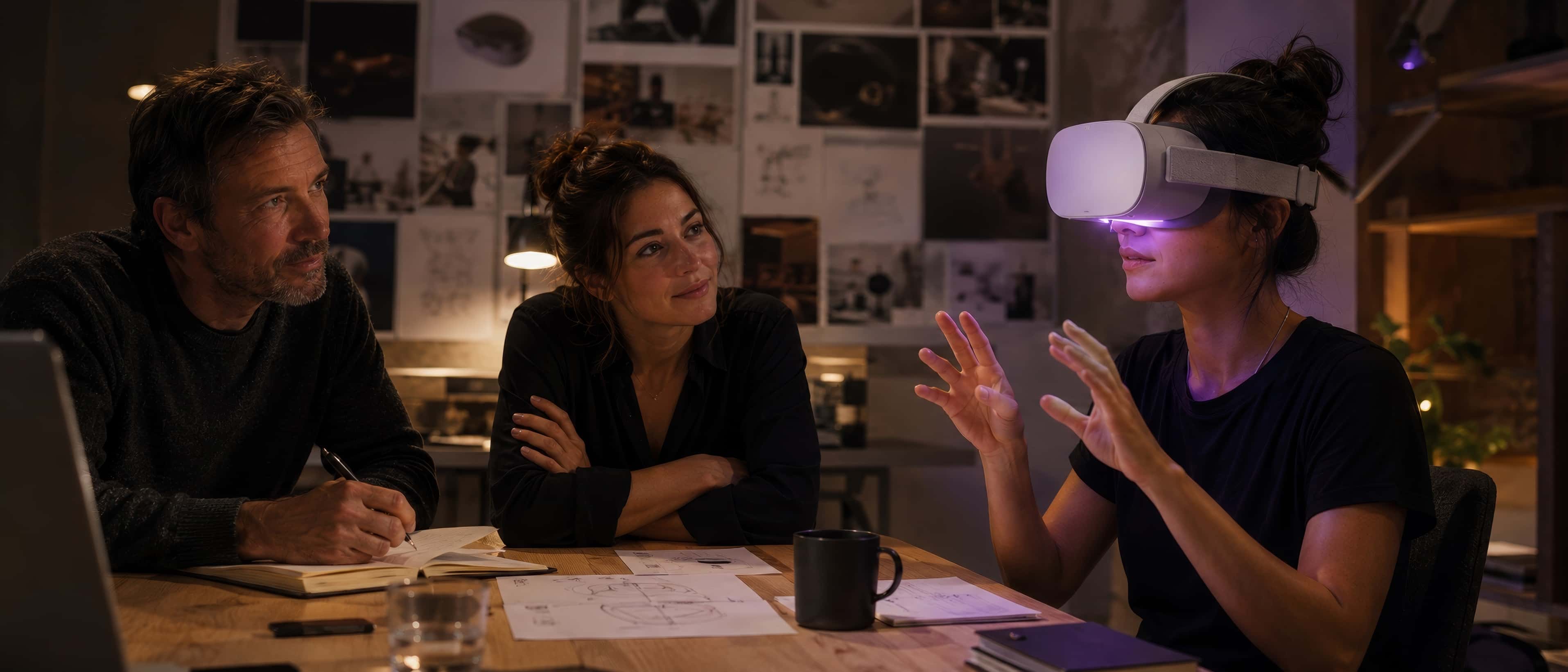 A working session at the studio: two creators watch a colleague in a headset testing a prototype, notebooks open, a reference wall in the background.