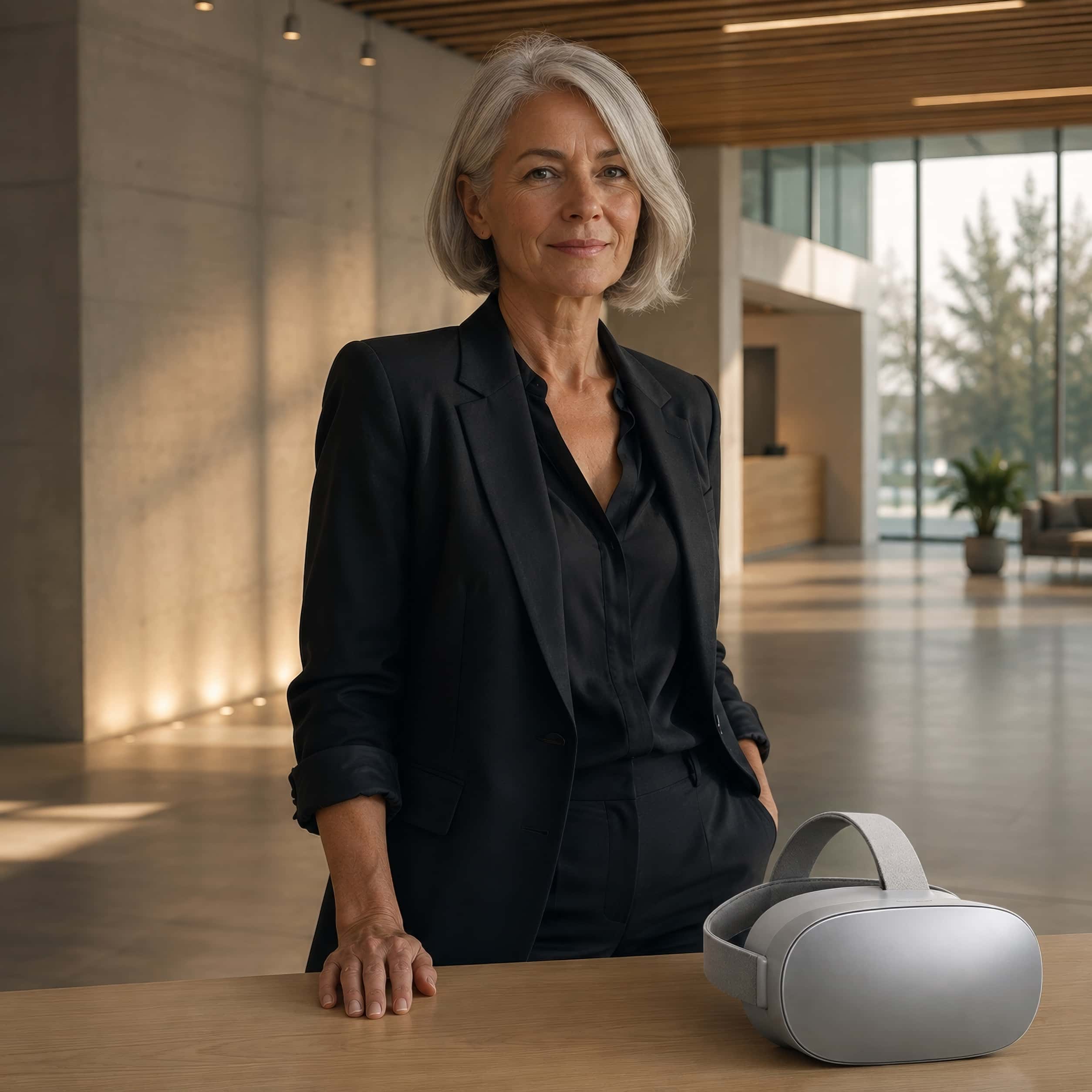 An executive standing in her company's modern lobby, smiling, a VR headset resting on the table in front of her.